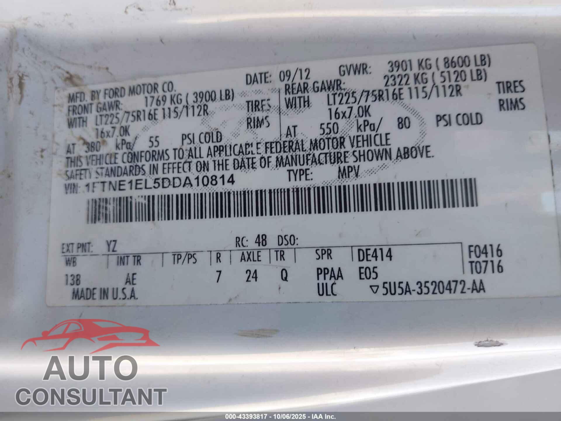 FORD E-150 2013 - 1FTNE1EL5DDA10814
