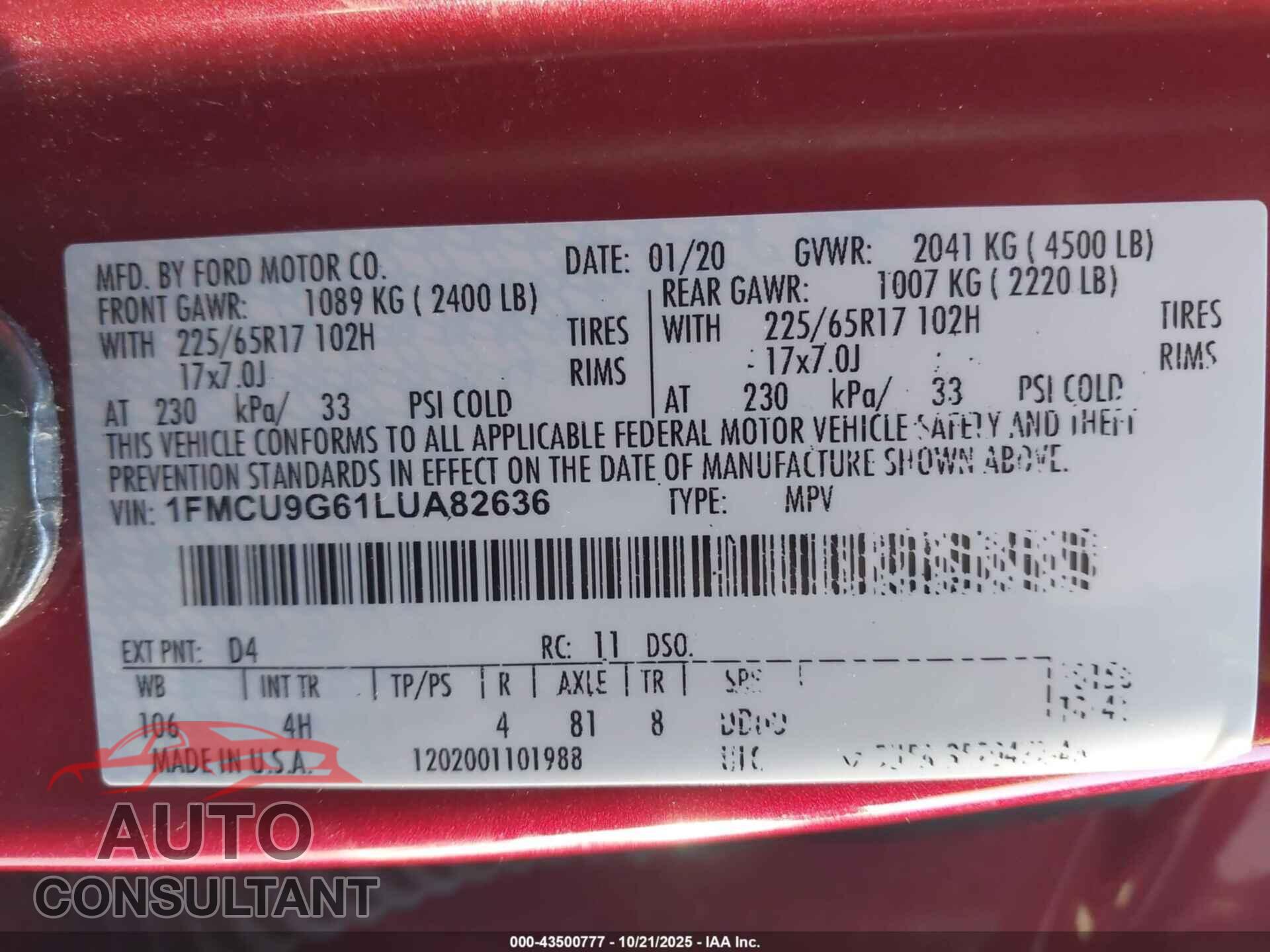 FORD ESCAPE 2020 - 1FMCU9G61LUA82636