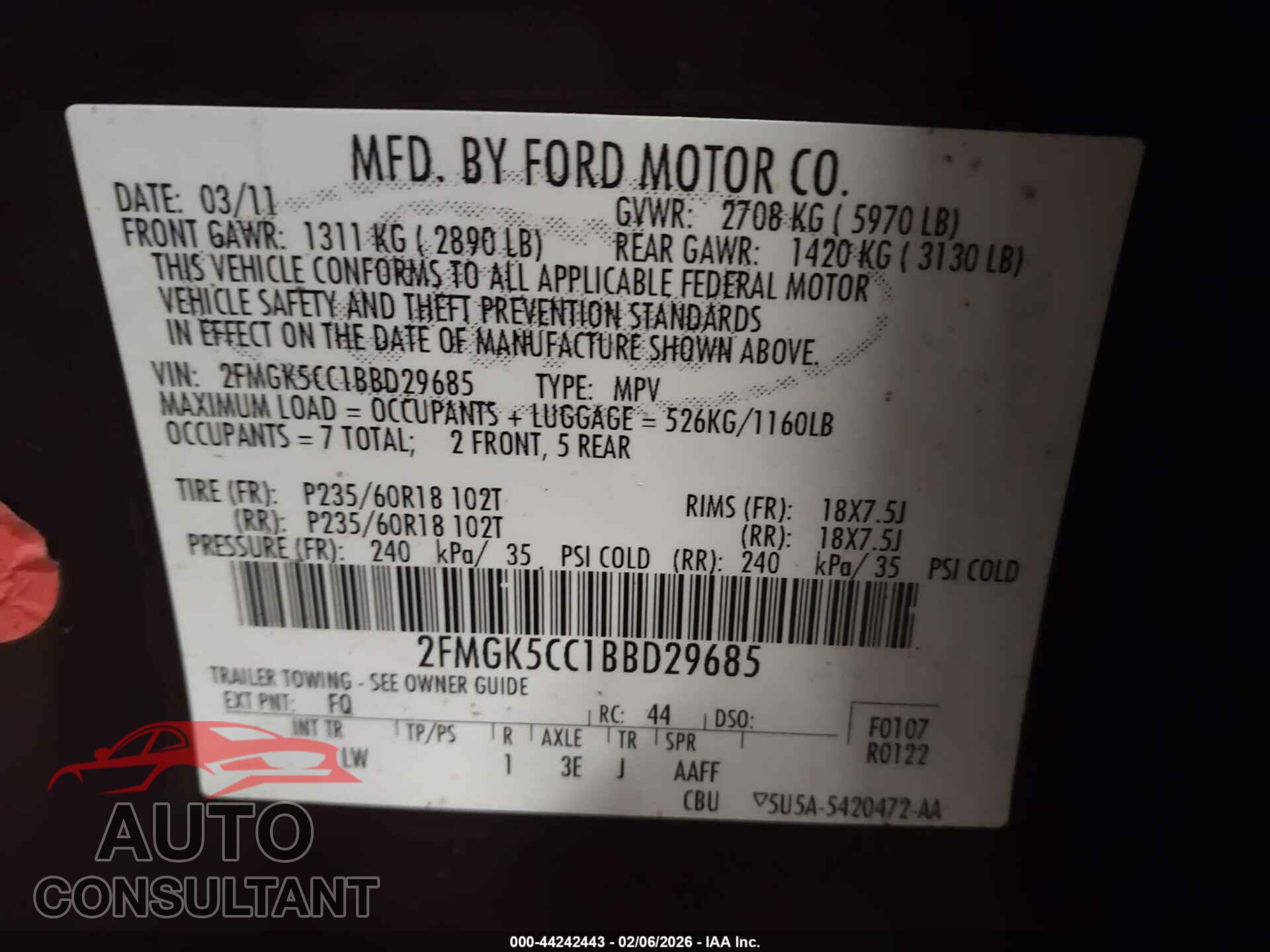 FORD FLEX 2011 - 2FMGK5CC1BBD29685