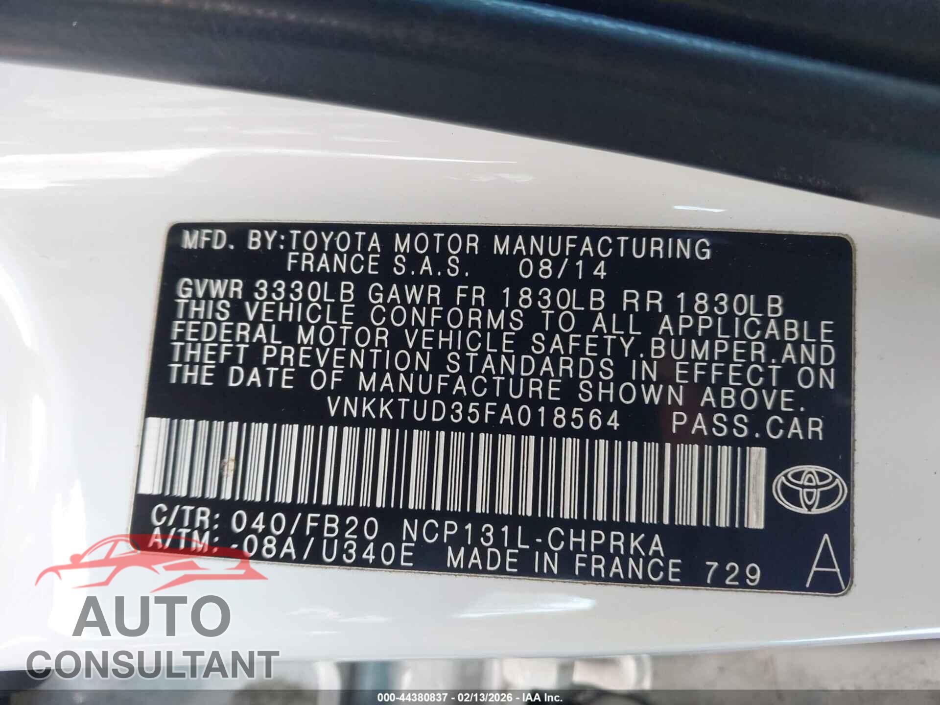 TOYOTA YARIS 2015 - VNKKTUD35FA018564