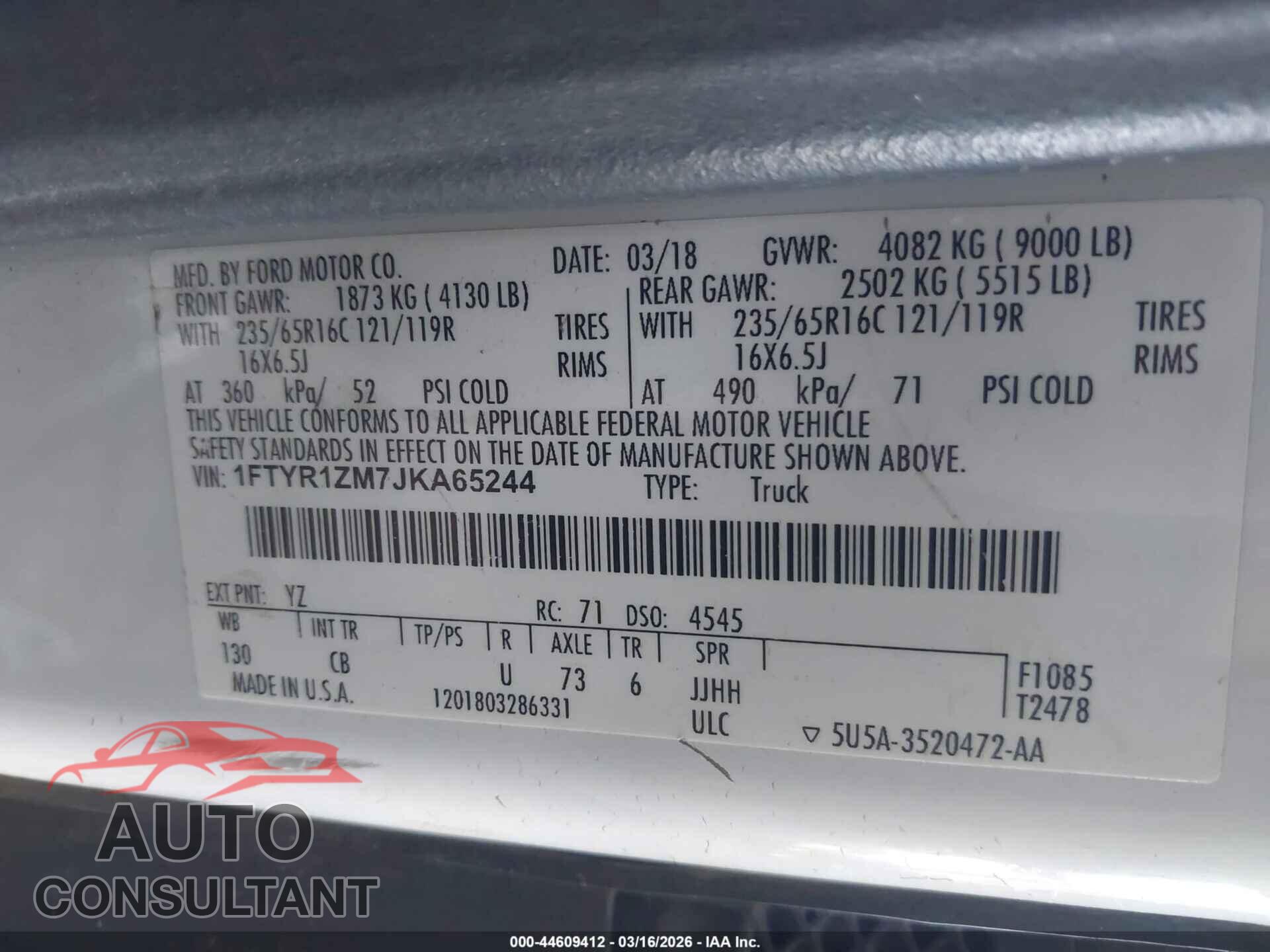 FORD TRANSIT-250 2018 - 1FTYR1ZM7JKA65244