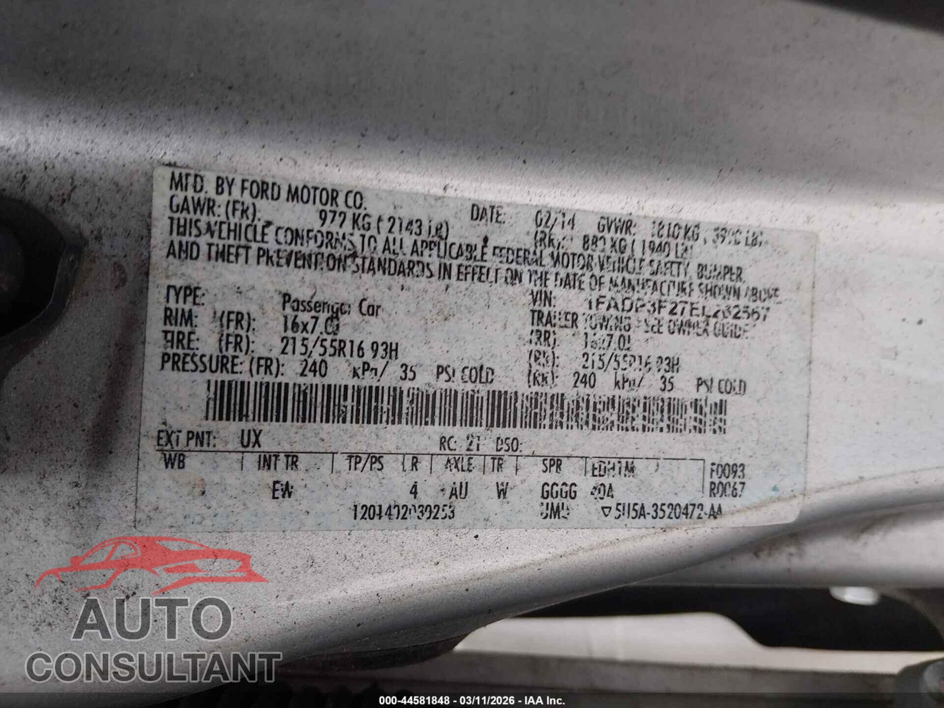 FORD FOCUS 2014 - 1FADP3F27EL262567