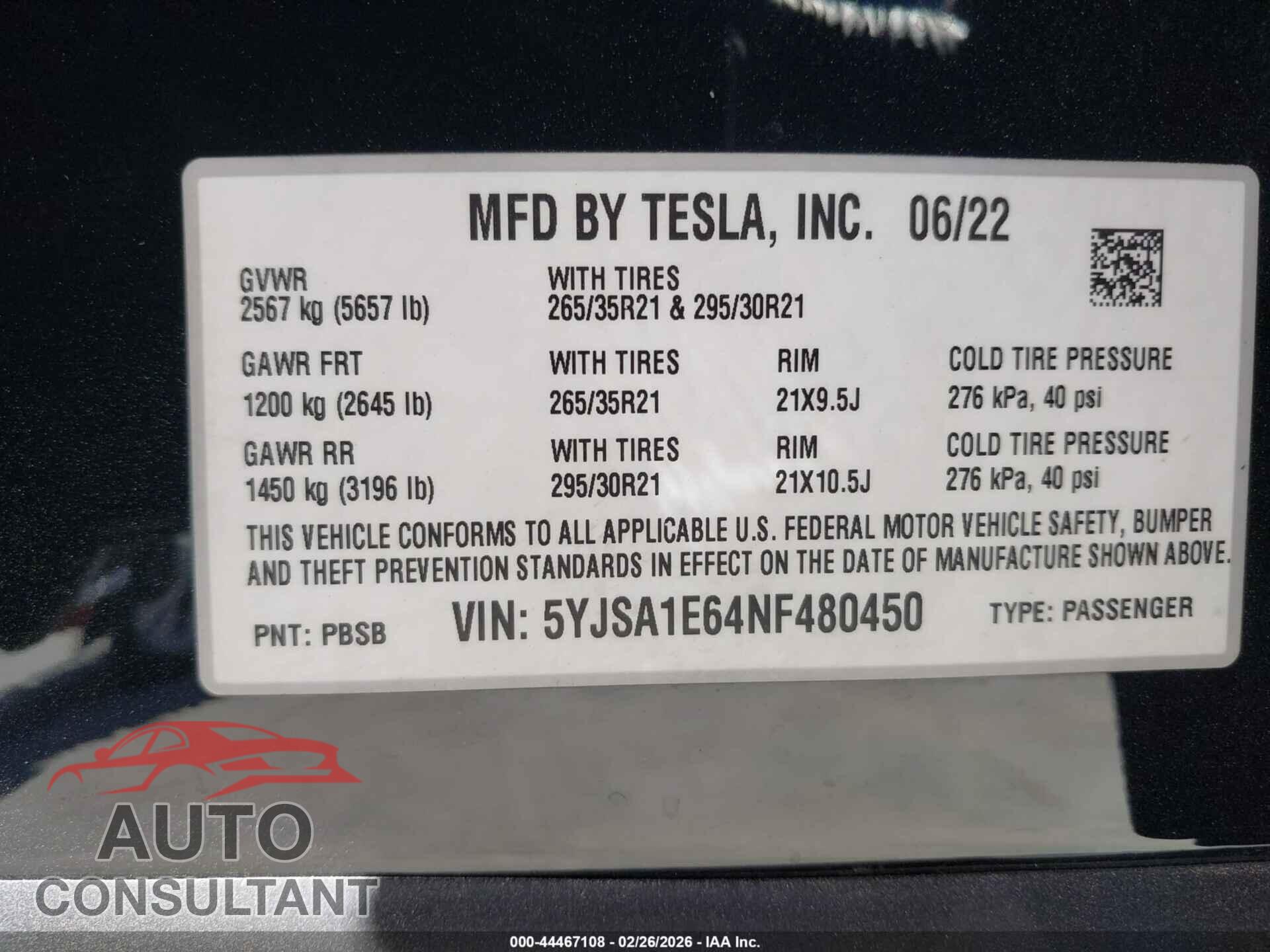 TESLA MODEL S 2022 - 5YJSA1E64NF480450