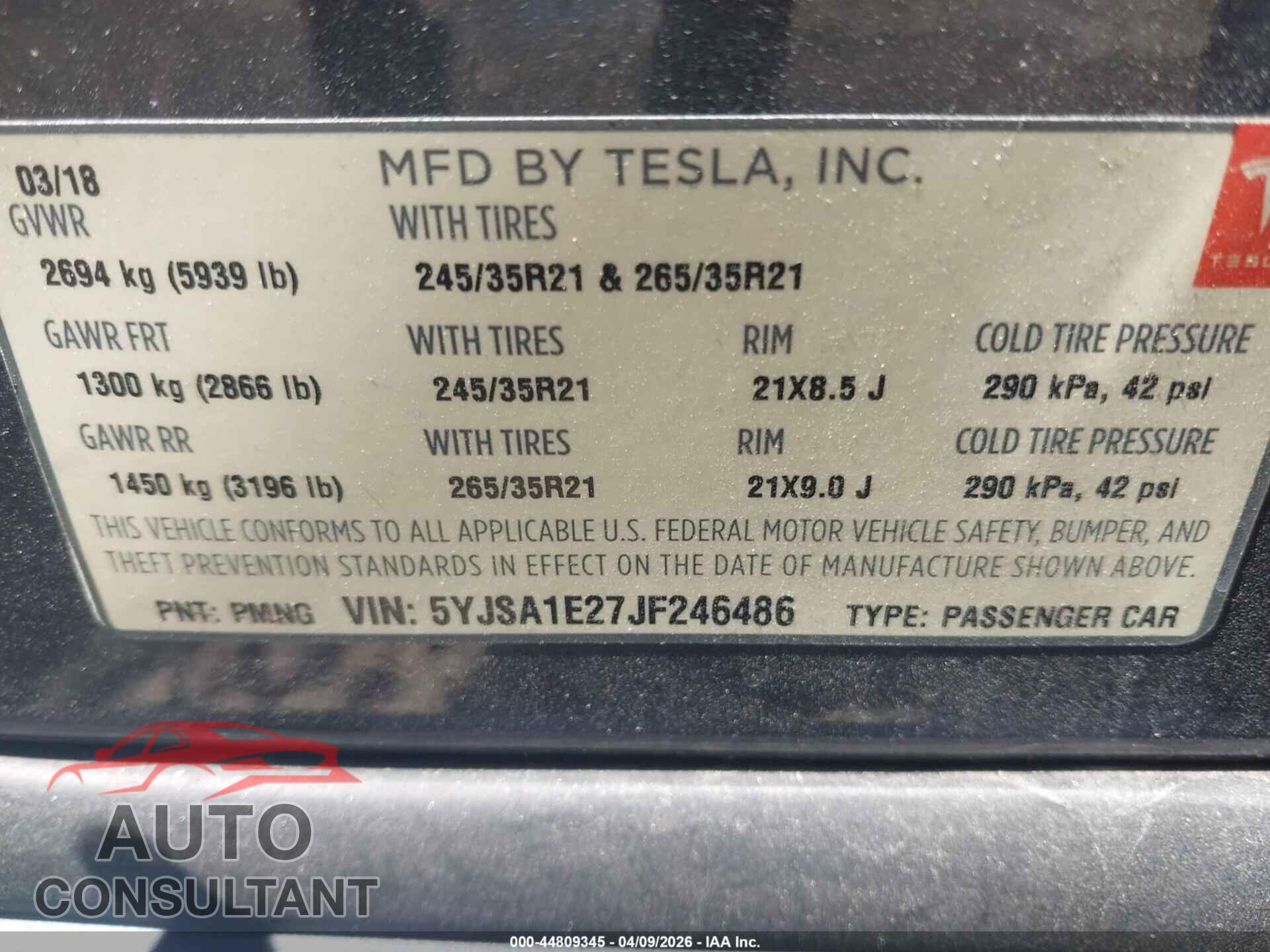 TESLA MODEL S 2018 - 5YJSA1E27JF246486