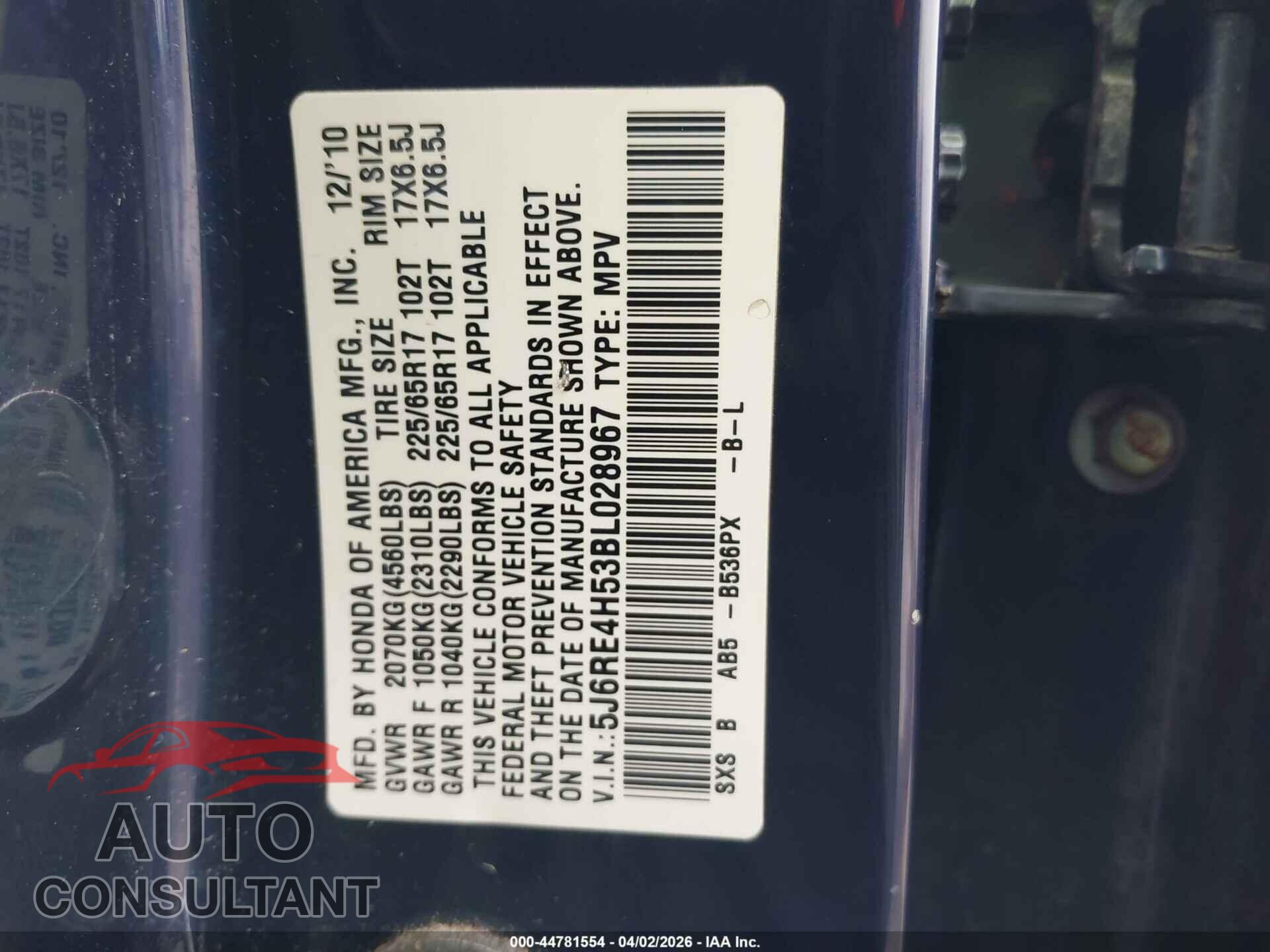HONDA CR-V 2011 - 5J6RE4H53BL028967
