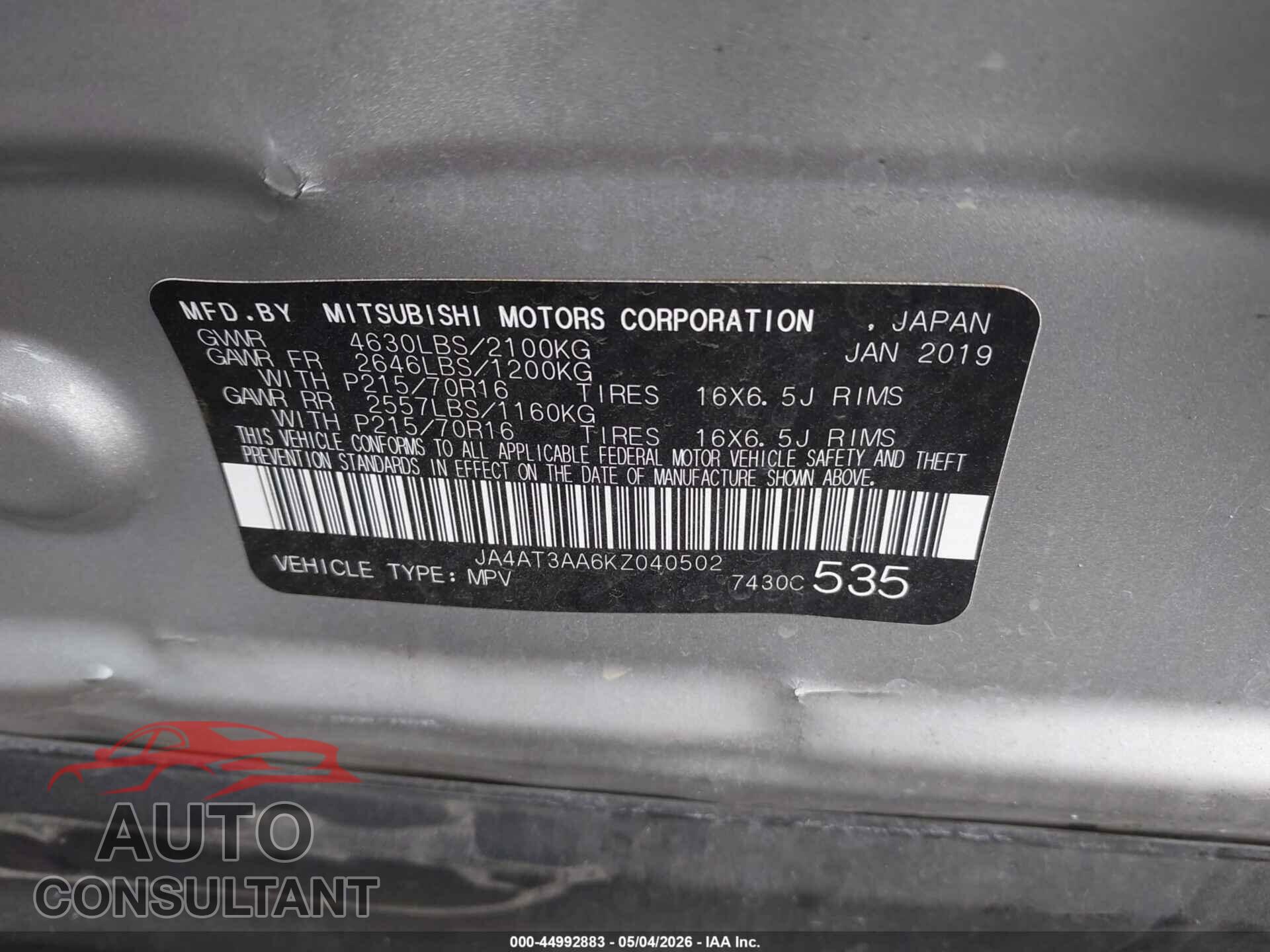 MITSUBISHI ECLIPSE CROSS 2019 - JA4AT3AA6KZ040502