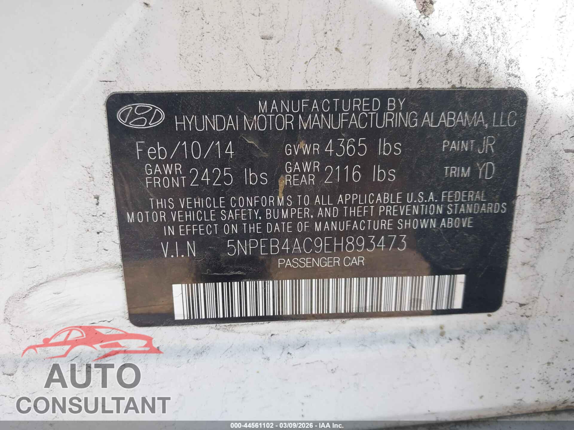 HYUNDAI SONATA 2014 - 5NPEB4AC9EH893473