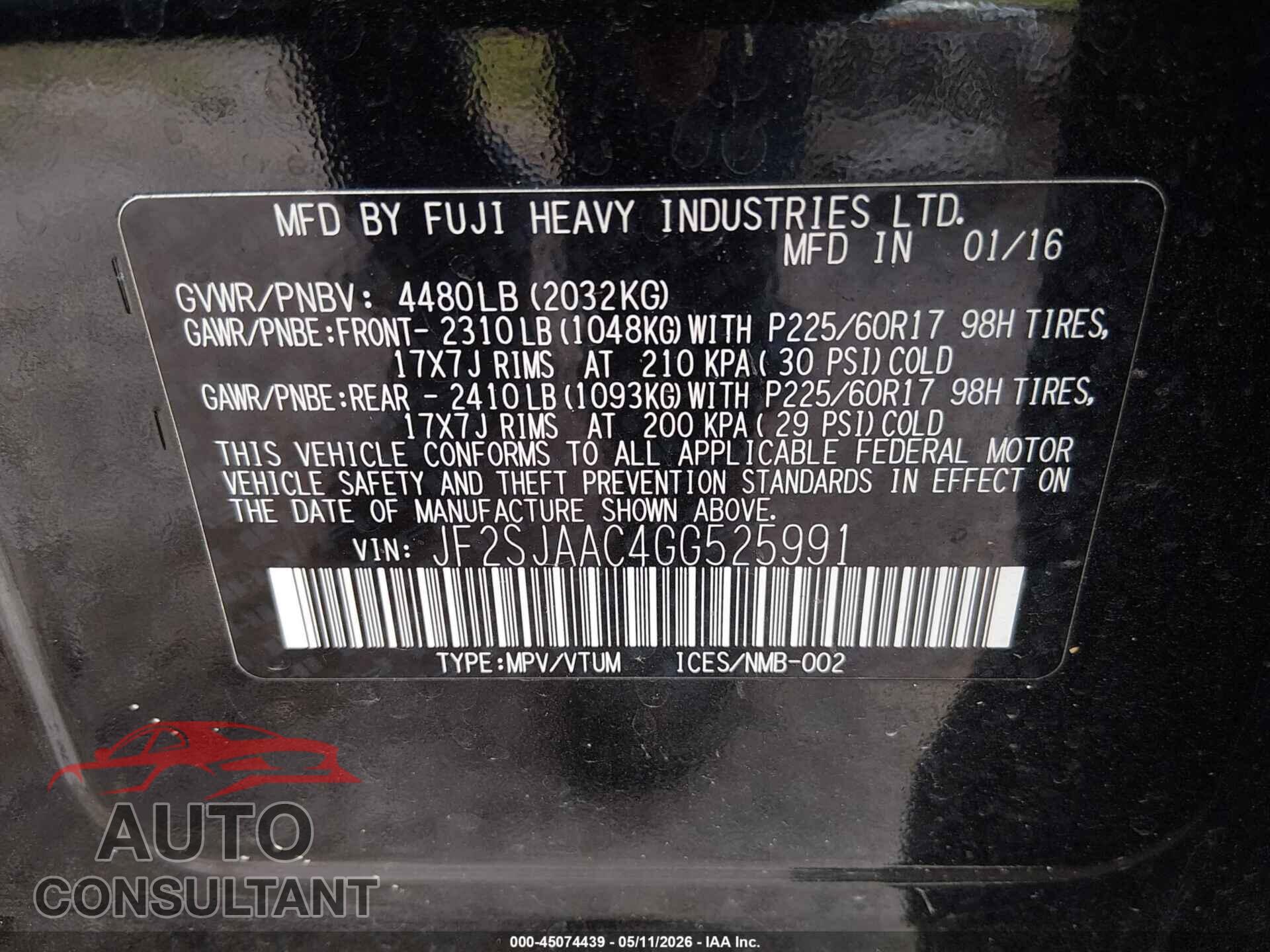 SUBARU FORESTER 2016 - JF2SJAAC4GG525991
