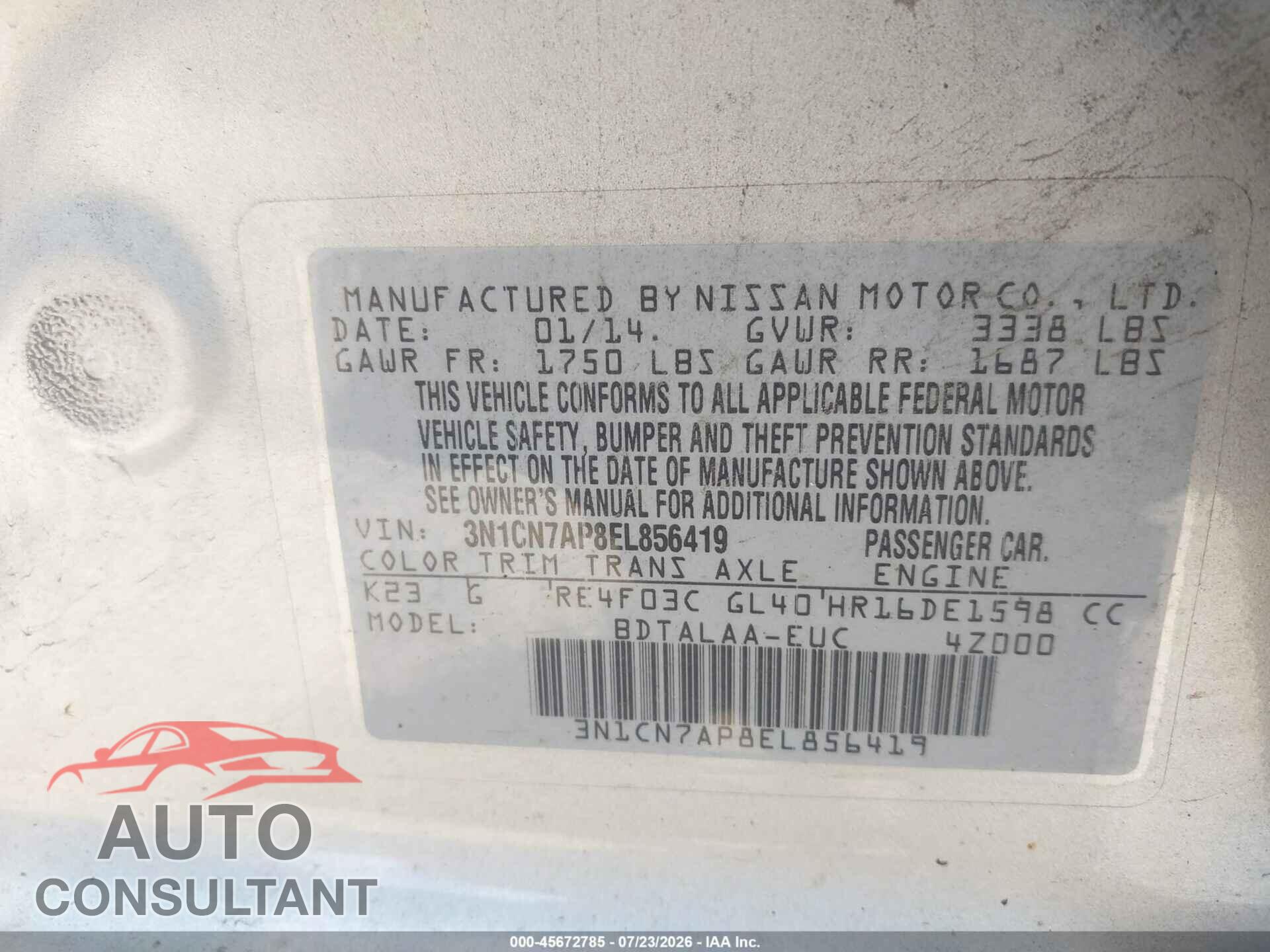 NISSAN VERSA 2014 - 3N1CN7AP8EL856419