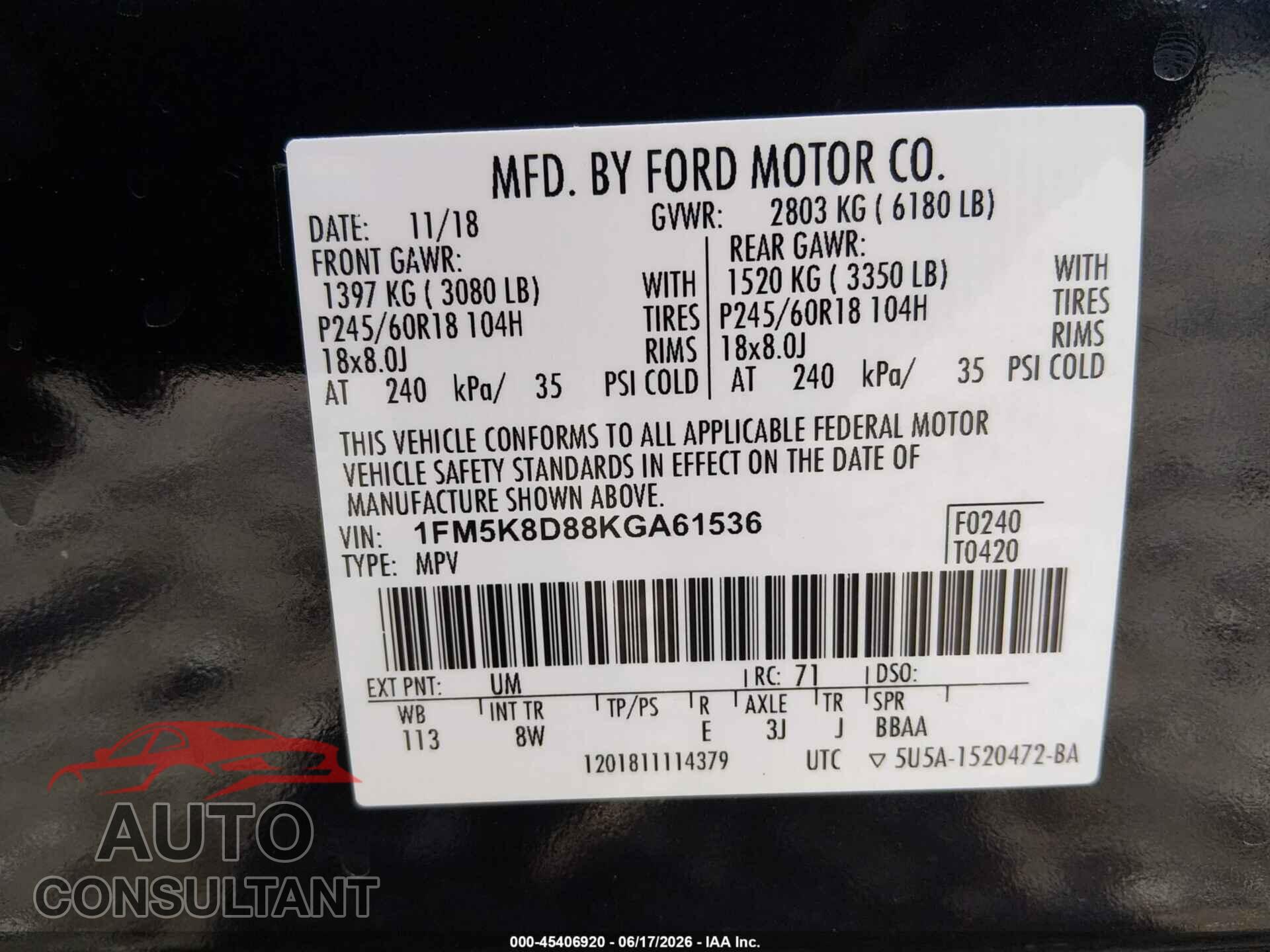 FORD EXPLORER 2019 - 1FM5K8D88KGA61536