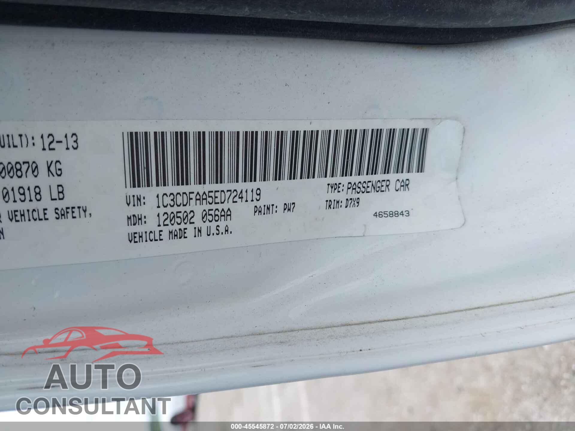 DODGE DART 2014 - 1C3CDFAA5ED724119