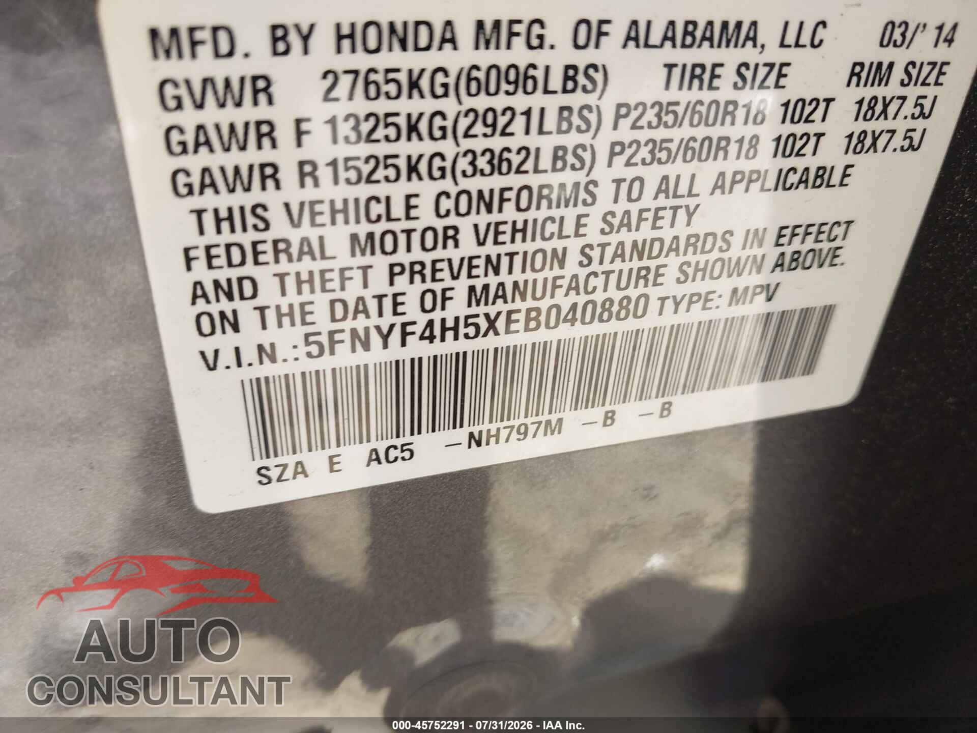 HONDA PILOT 2014 - 5FNYF4H5XEB040880