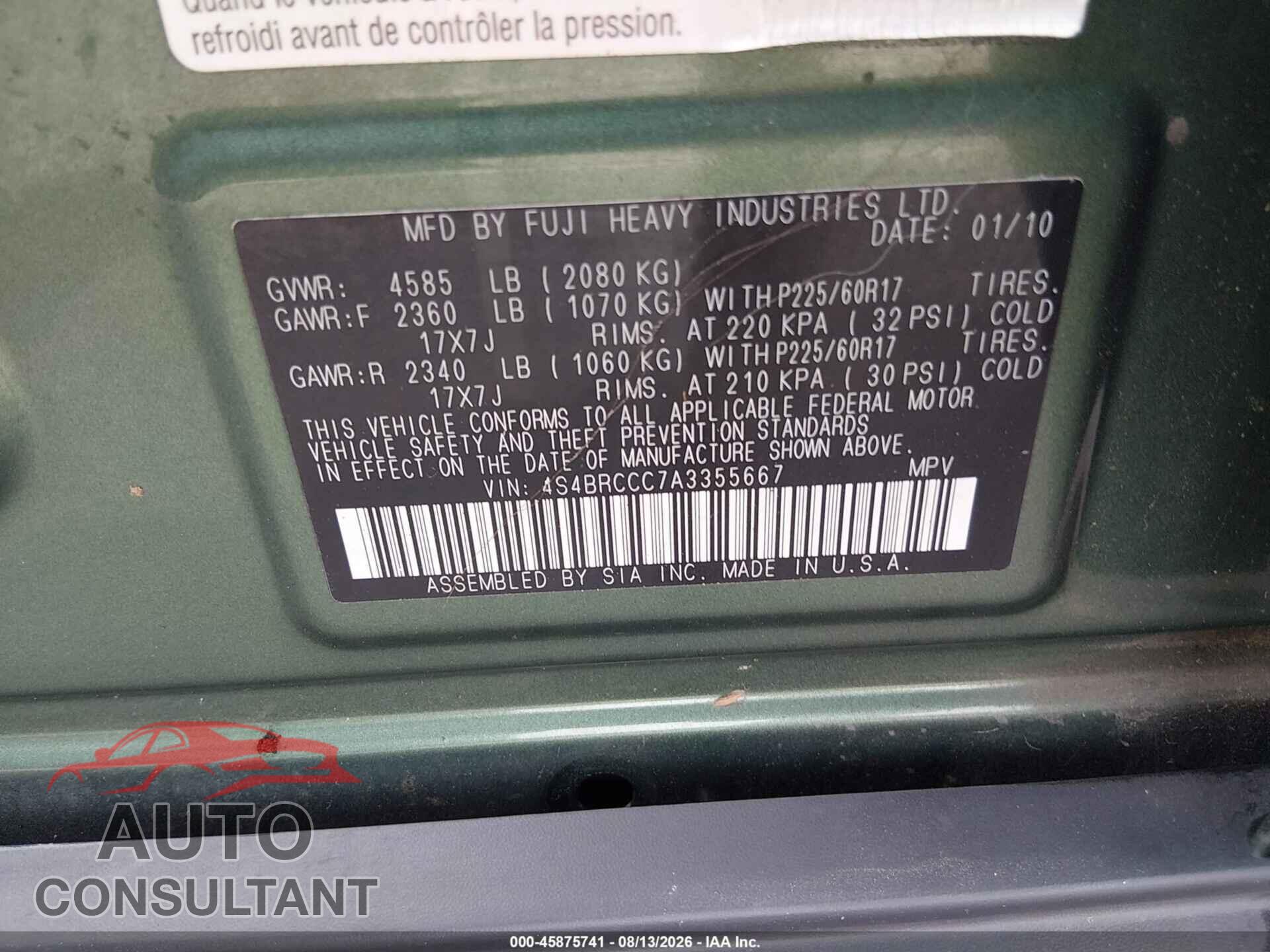 SUBARU OUTBACK 2010 - 4S4BRCCC7A3355667