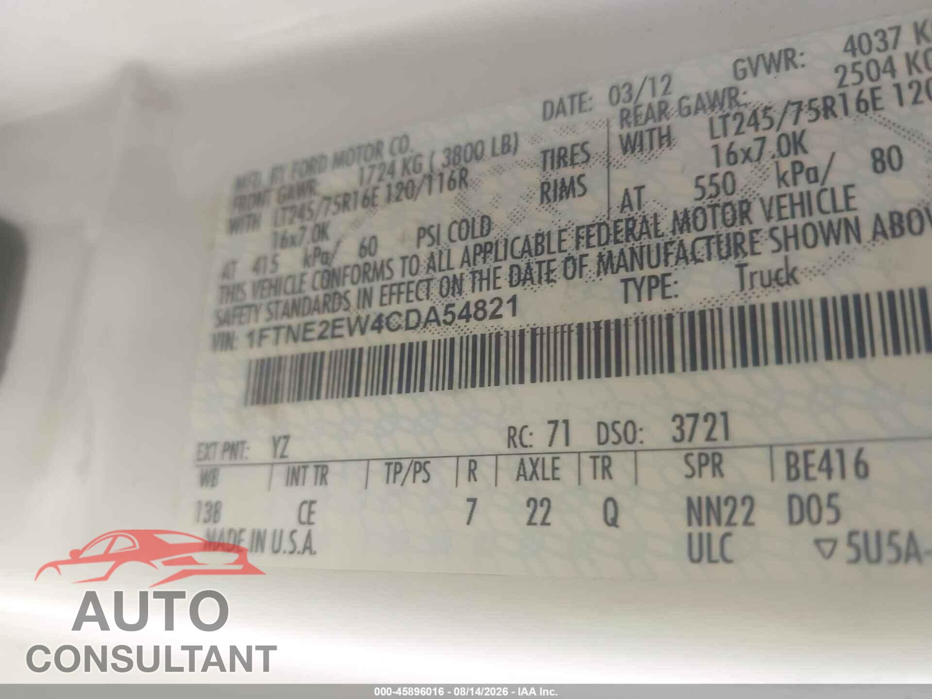 FORD E-250 2012 - 1FTNE2EW4CDA54821