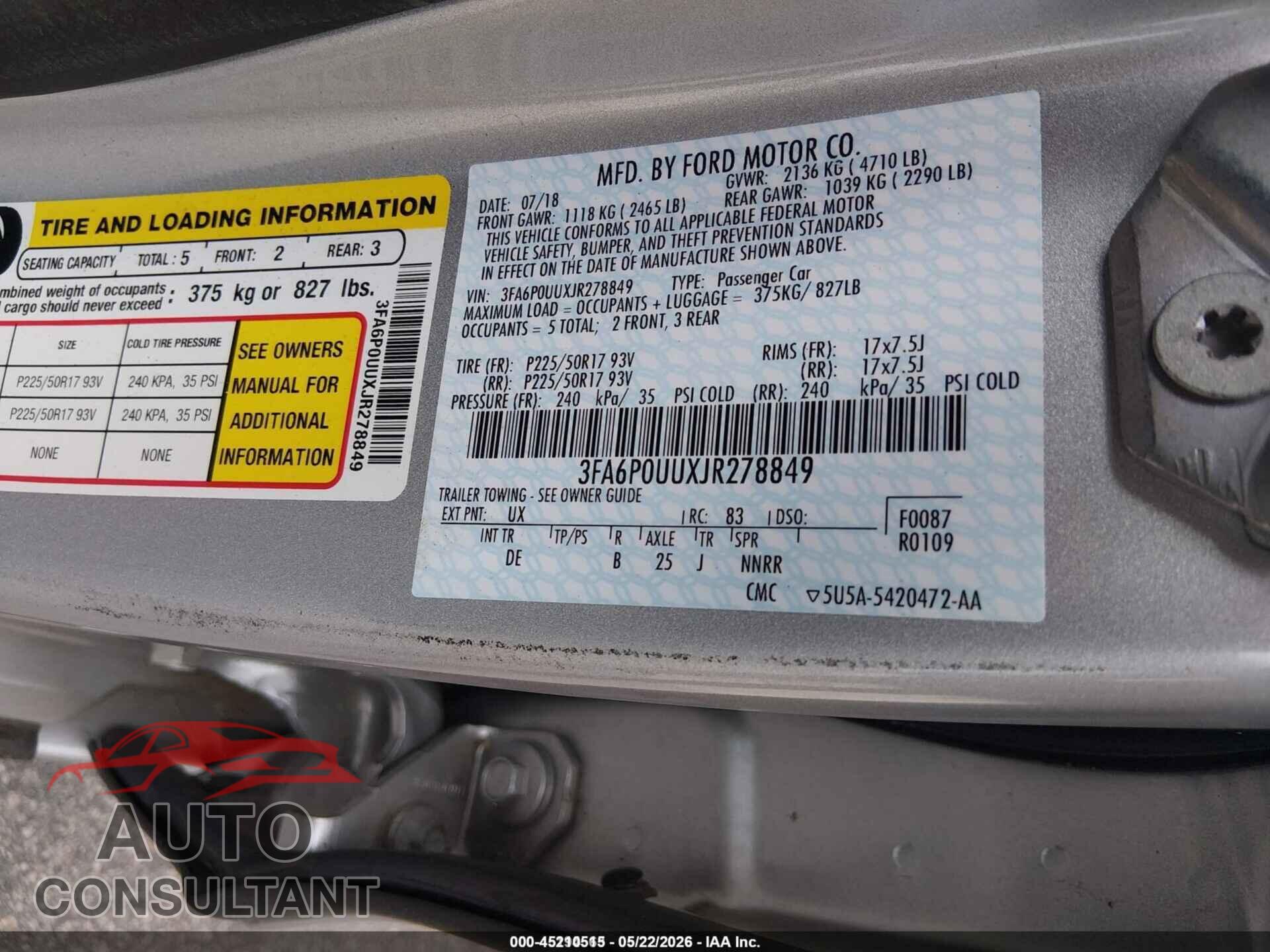 FORD FUSION HYBRID 2018 - 3FA6P0UUXJR278849