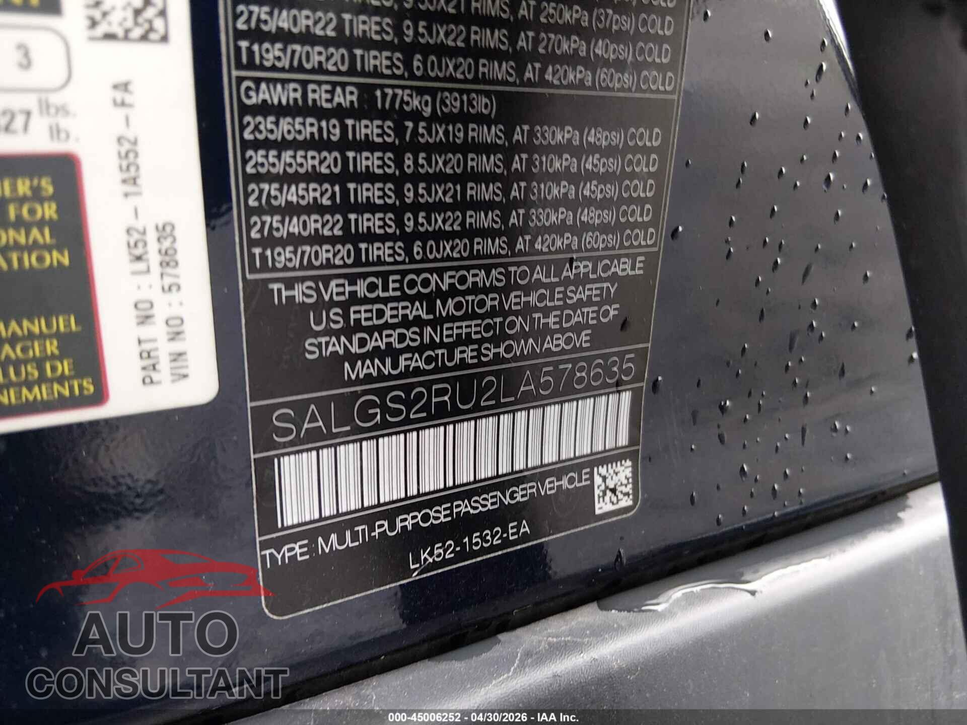 LAND ROVER RANGE ROVER 2020 - SALGS2RU2LA578635
