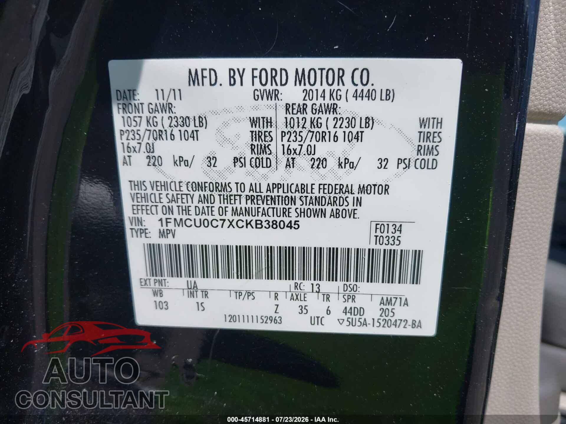 FORD ESCAPE 2012 - 1FMCU0C7XCKB38045