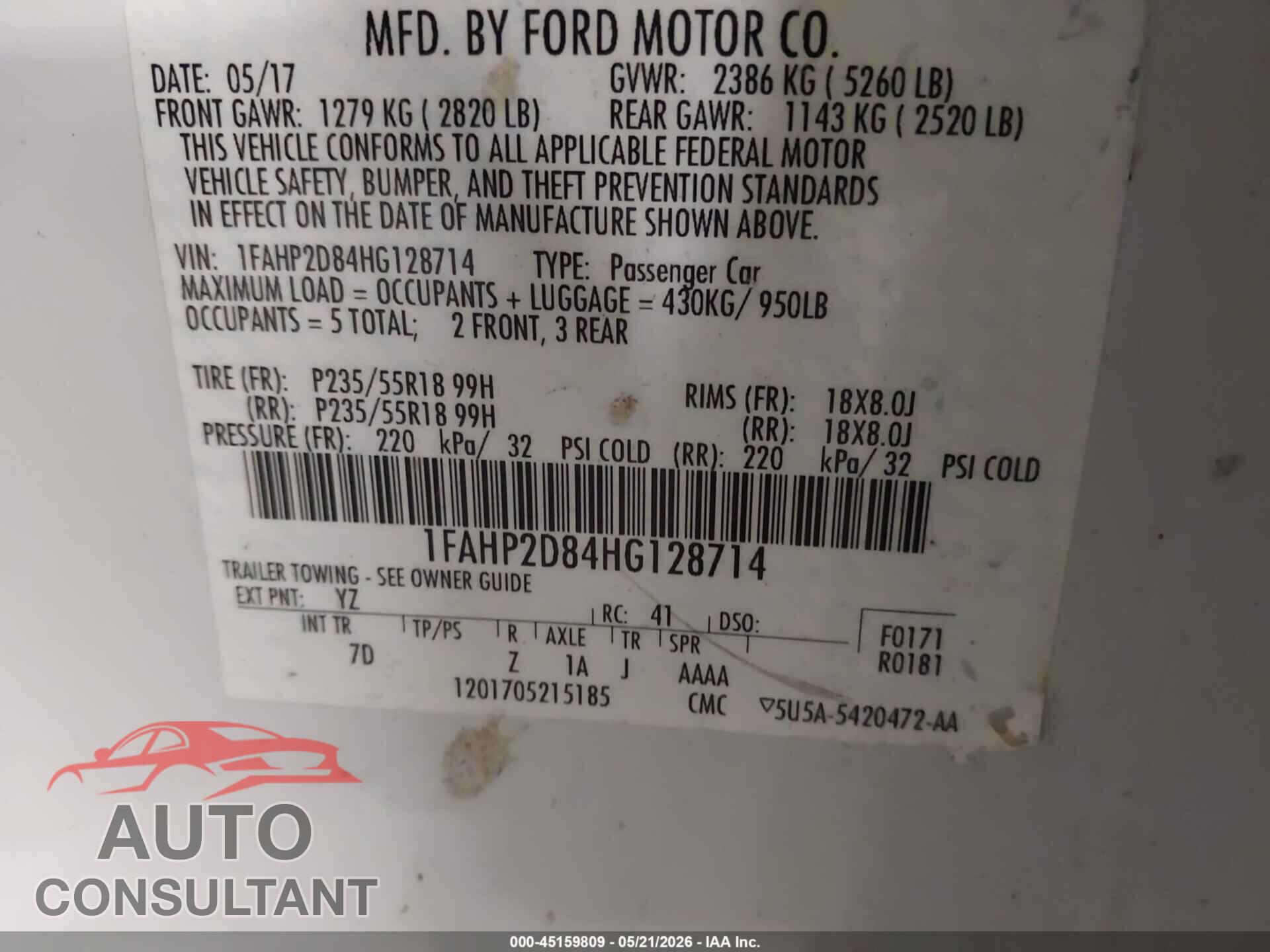 FORD TAURUS 2017 - 1FAHP2D84HG128714