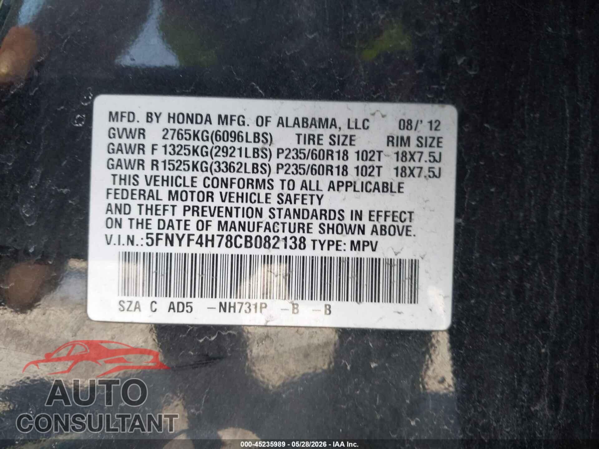 HONDA PILOT 2012 - 5FNYF4H78CB082138