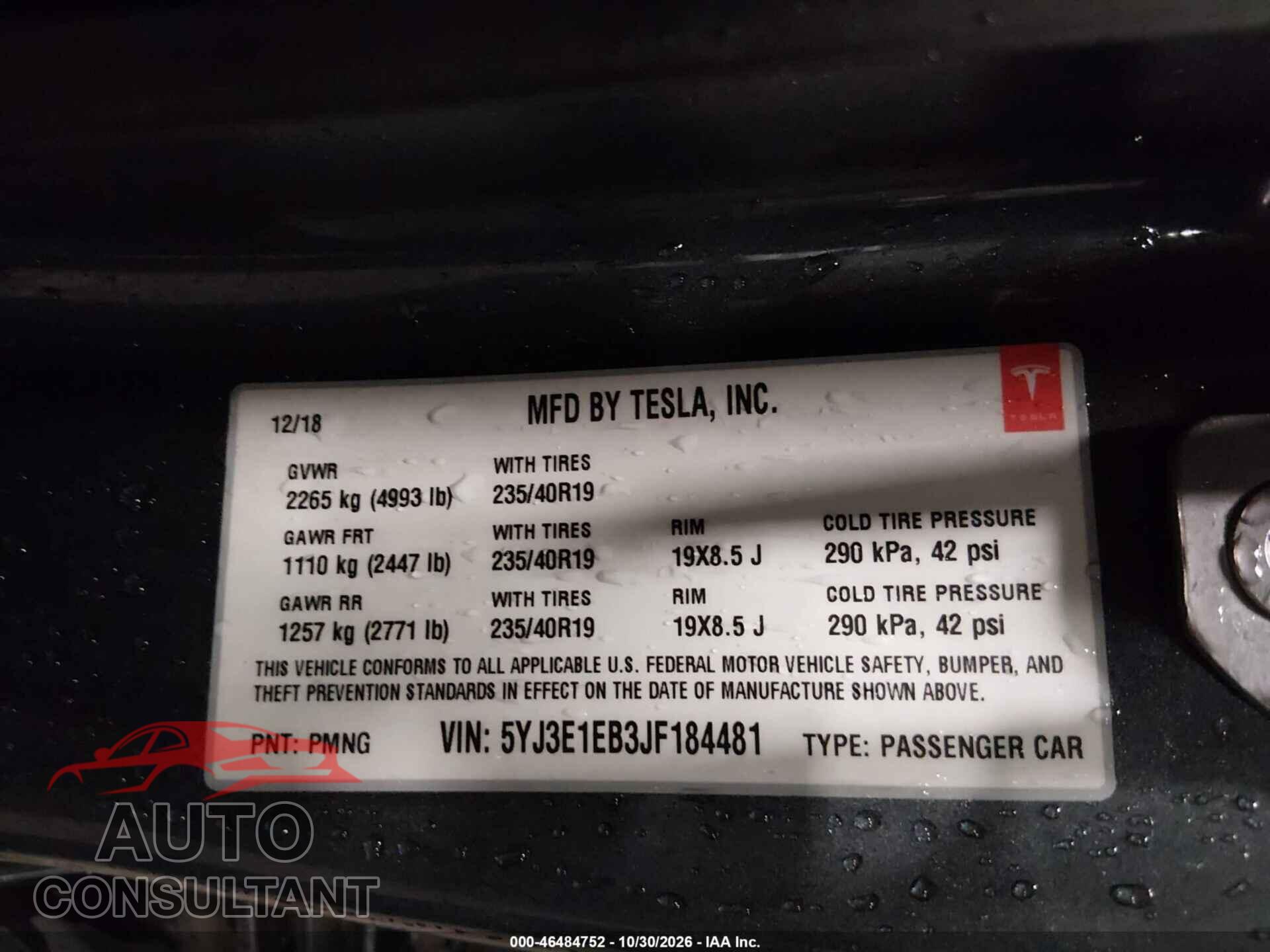 TESLA MODEL 3 2018 - 5YJ3E1EB3JF184481
