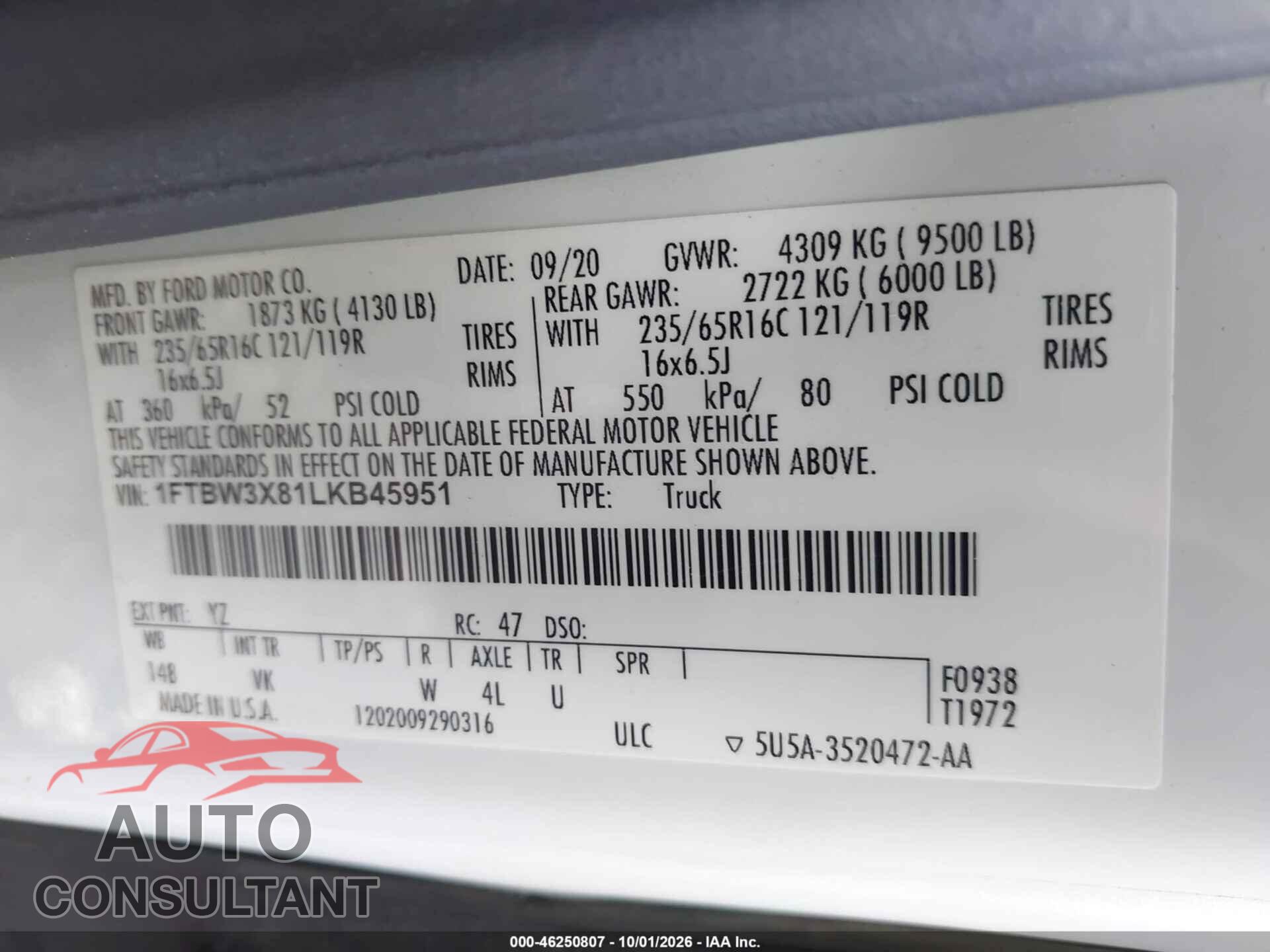 FORD TRANSIT-350 CARGO VAN 2020 - 1FTBW3X81LKB45951