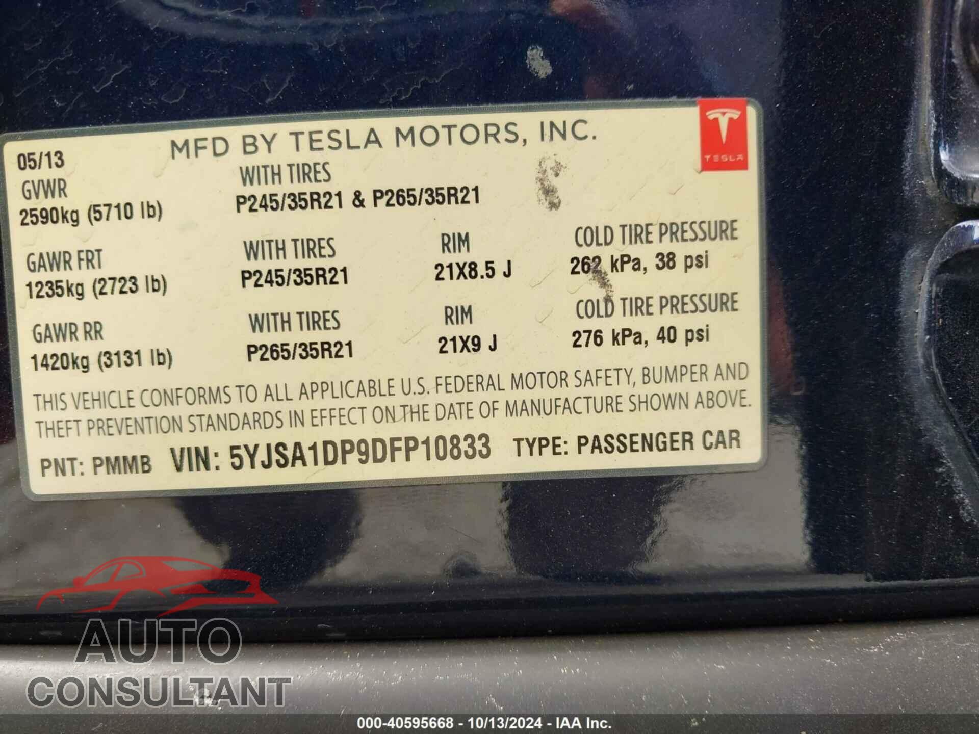 TESLA MODEL S 2013 - 5YJSA1DP9DFP10833