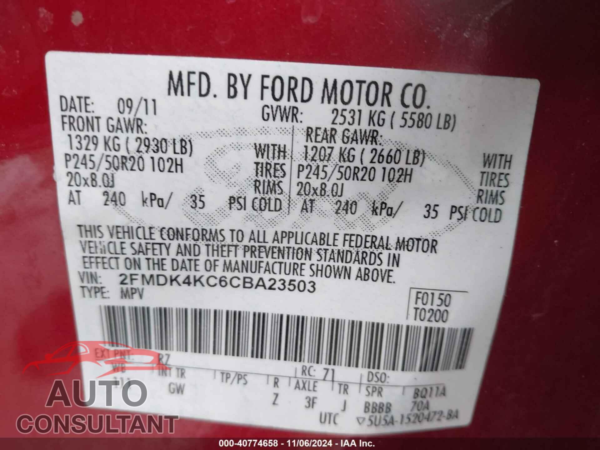 FORD EDGE 2012 - 2FMDK4KC6CBA23503