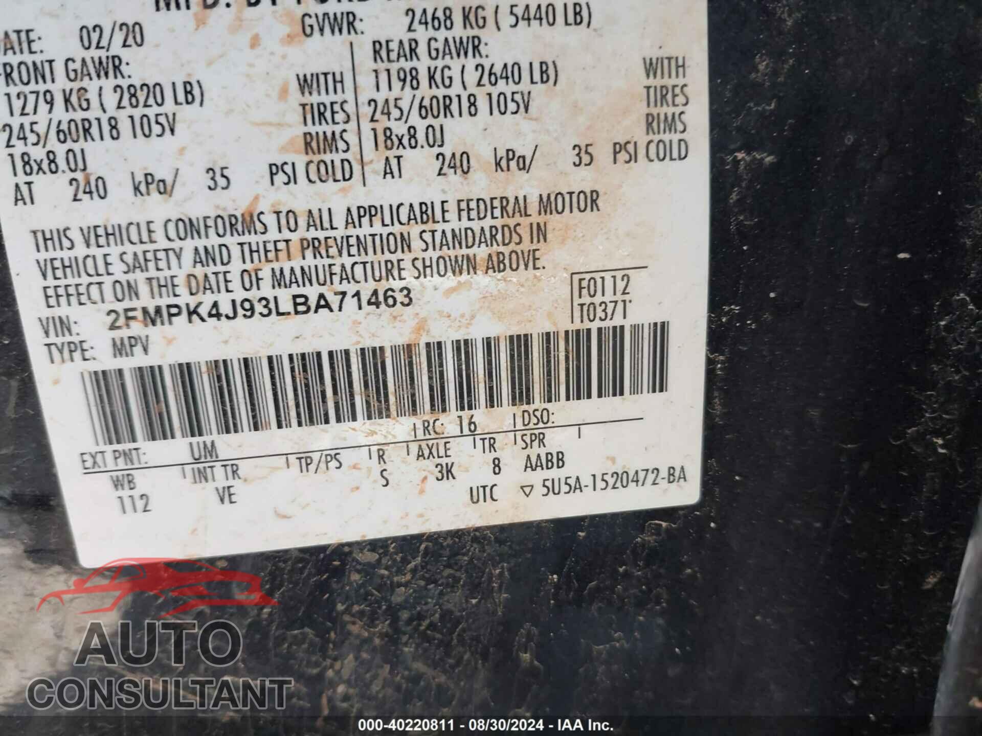 FORD EDGE 2020 - 2FMPK4J93LBA71463