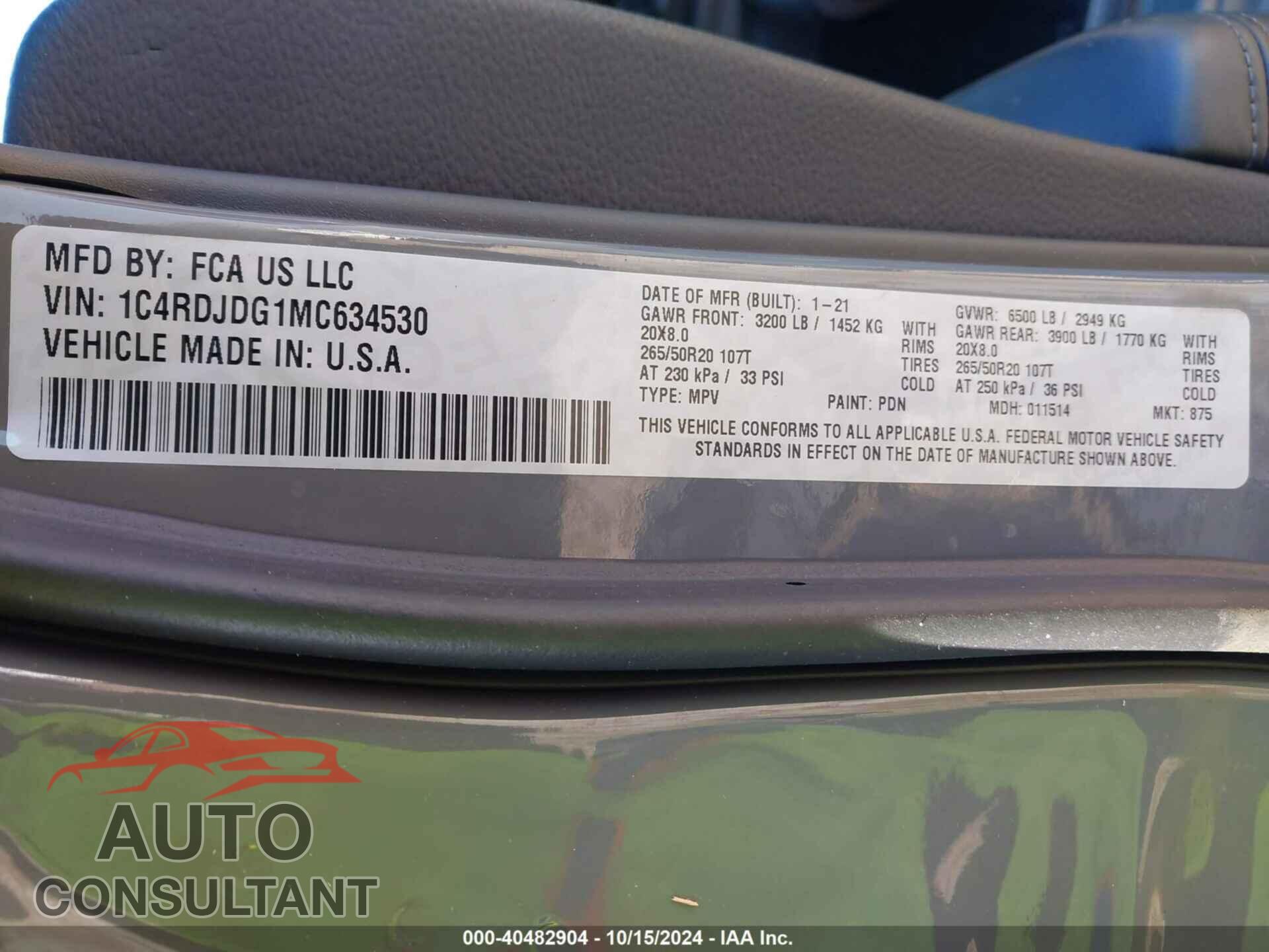 DODGE DURANGO 2021 - 1C4RDJDG1MC634530