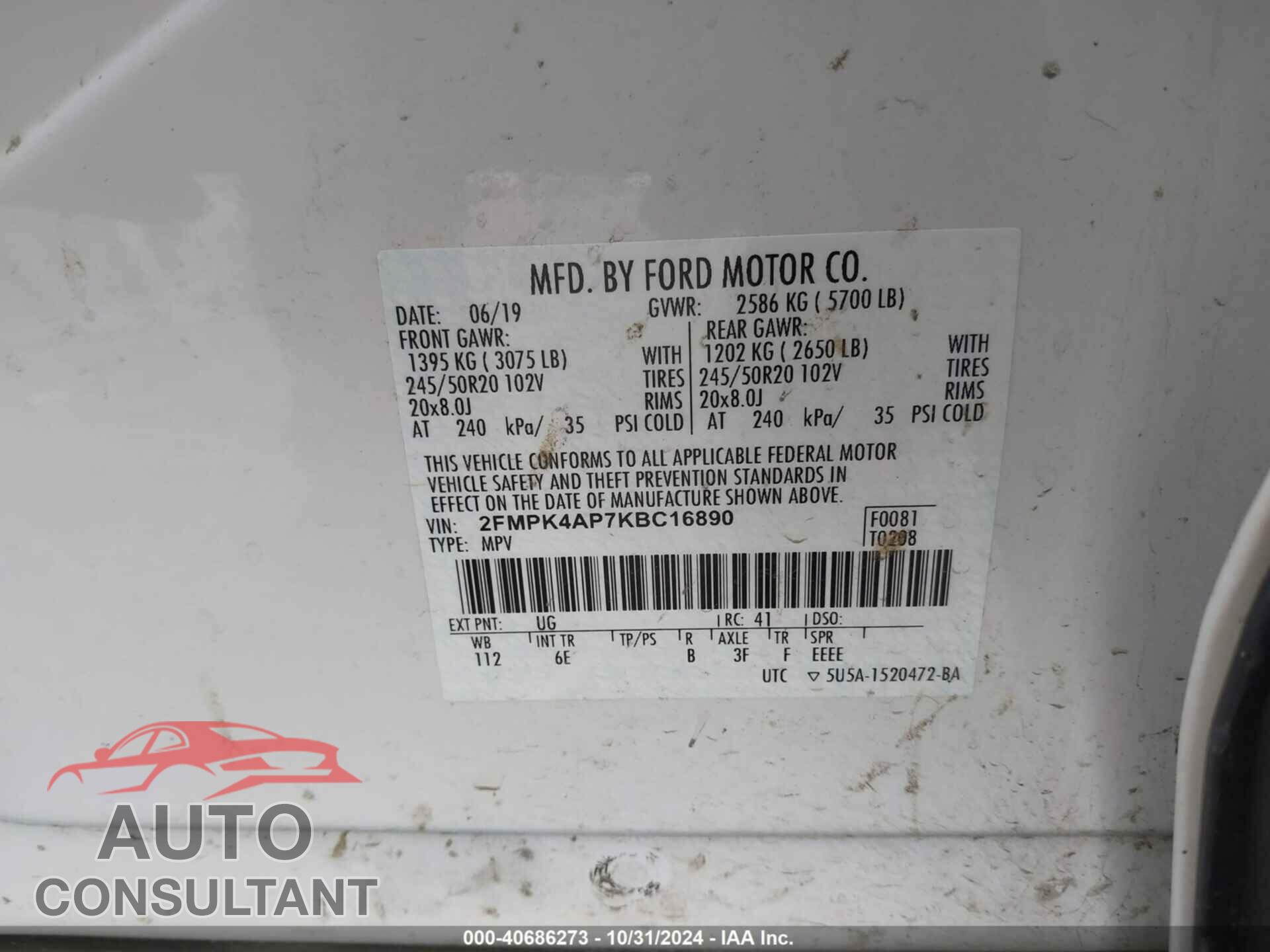FORD EDGE 2019 - 2FMPK4AP7KBC16890