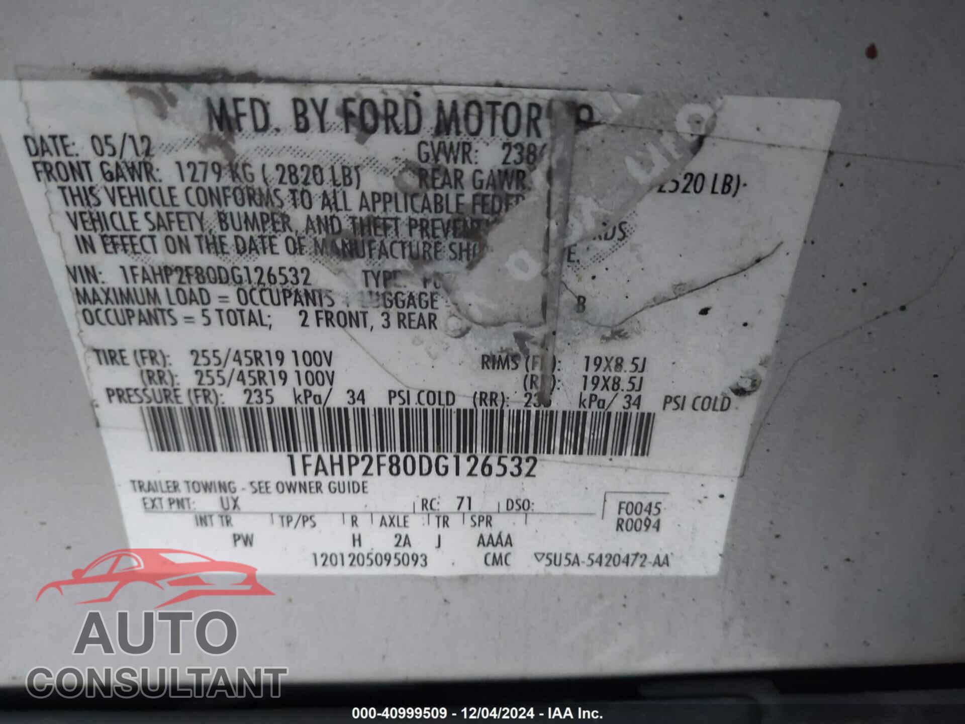 FORD TAURUS 2013 - 1FAHP2F80DG126532