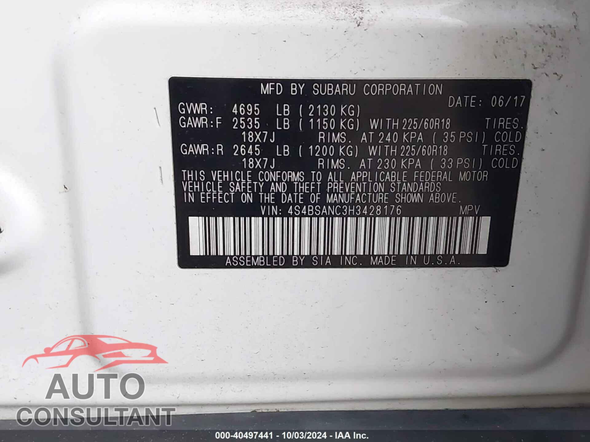 SUBARU OUTBACK 2017 - 4S4BSANC3H3428176
