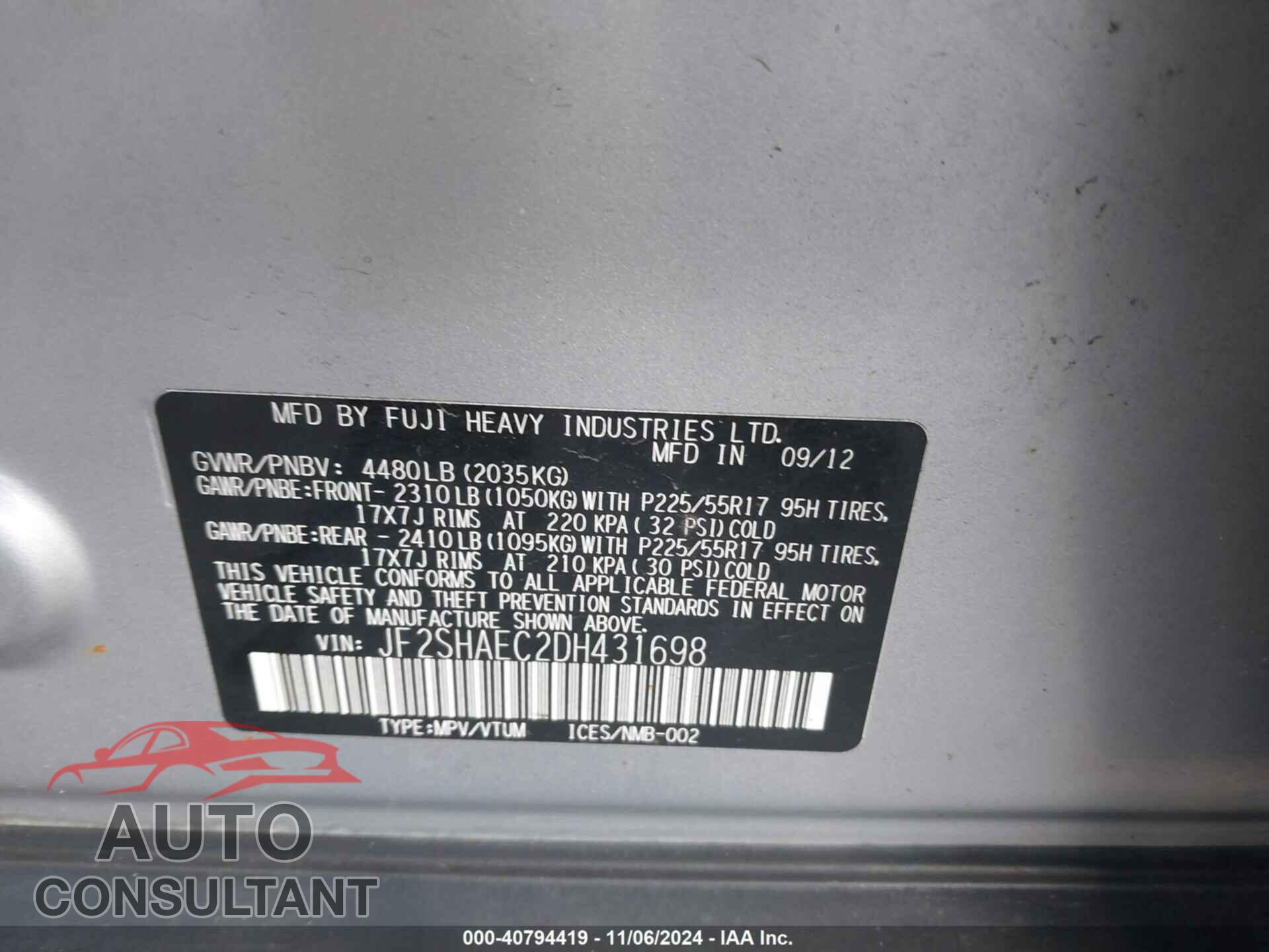 SUBARU FORESTER 2013 - JF2SHAEC2DH431698