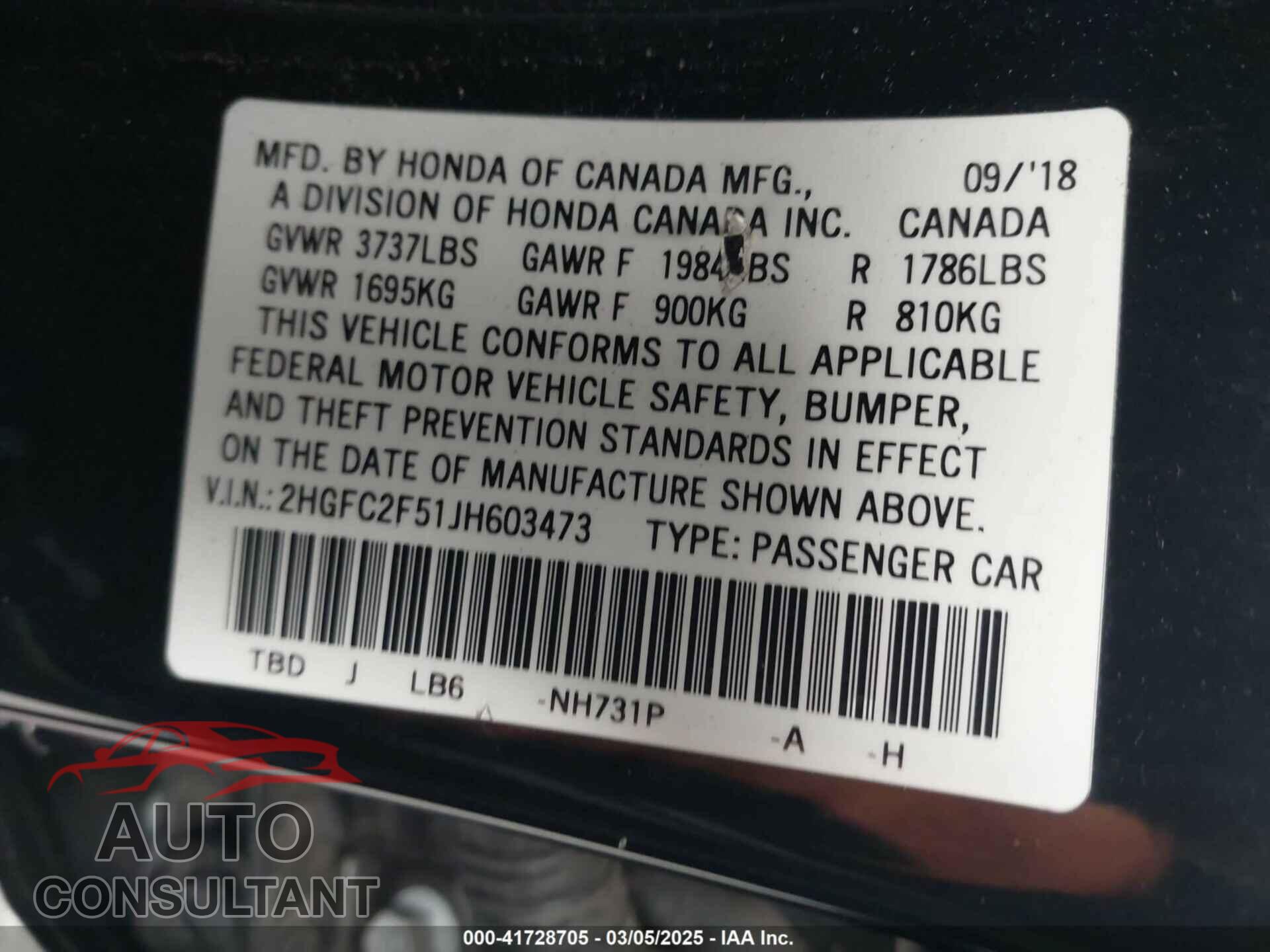 HONDA CIVIC 2018 - 2HGFC2F51JH603473