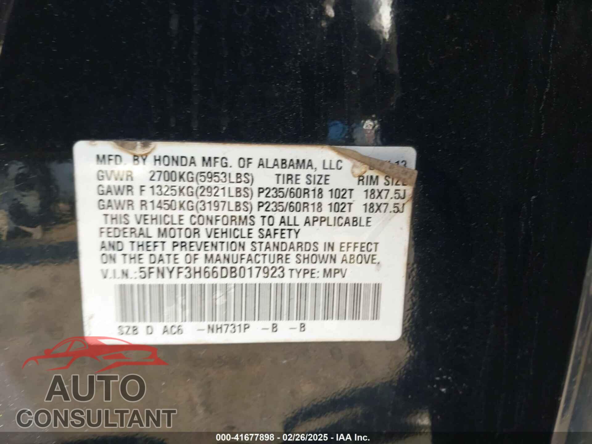 HONDA PILOT 2013 - 5FNYF3H66DB017923