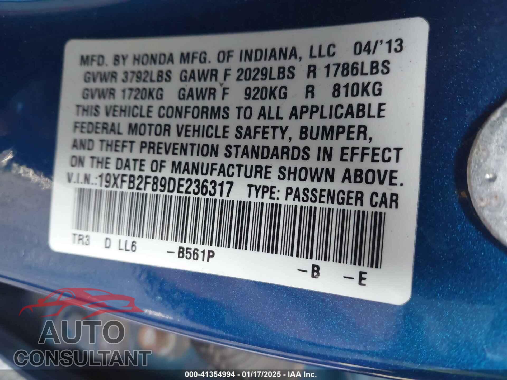 HONDA CIVIC 2013 - 19XFB2F89DE236317