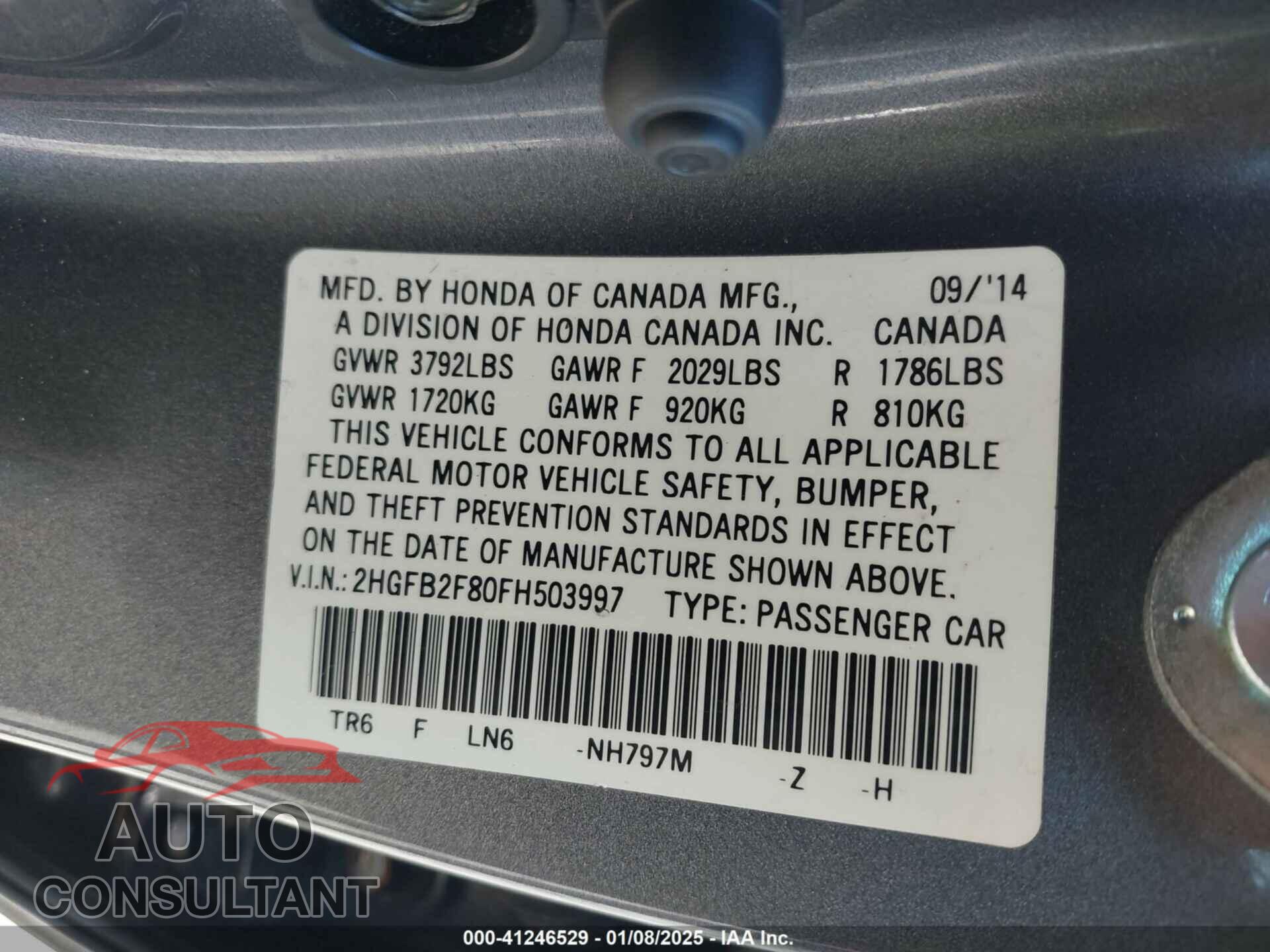 HONDA CIVIC 2015 - 2HGFB2F80FH503997