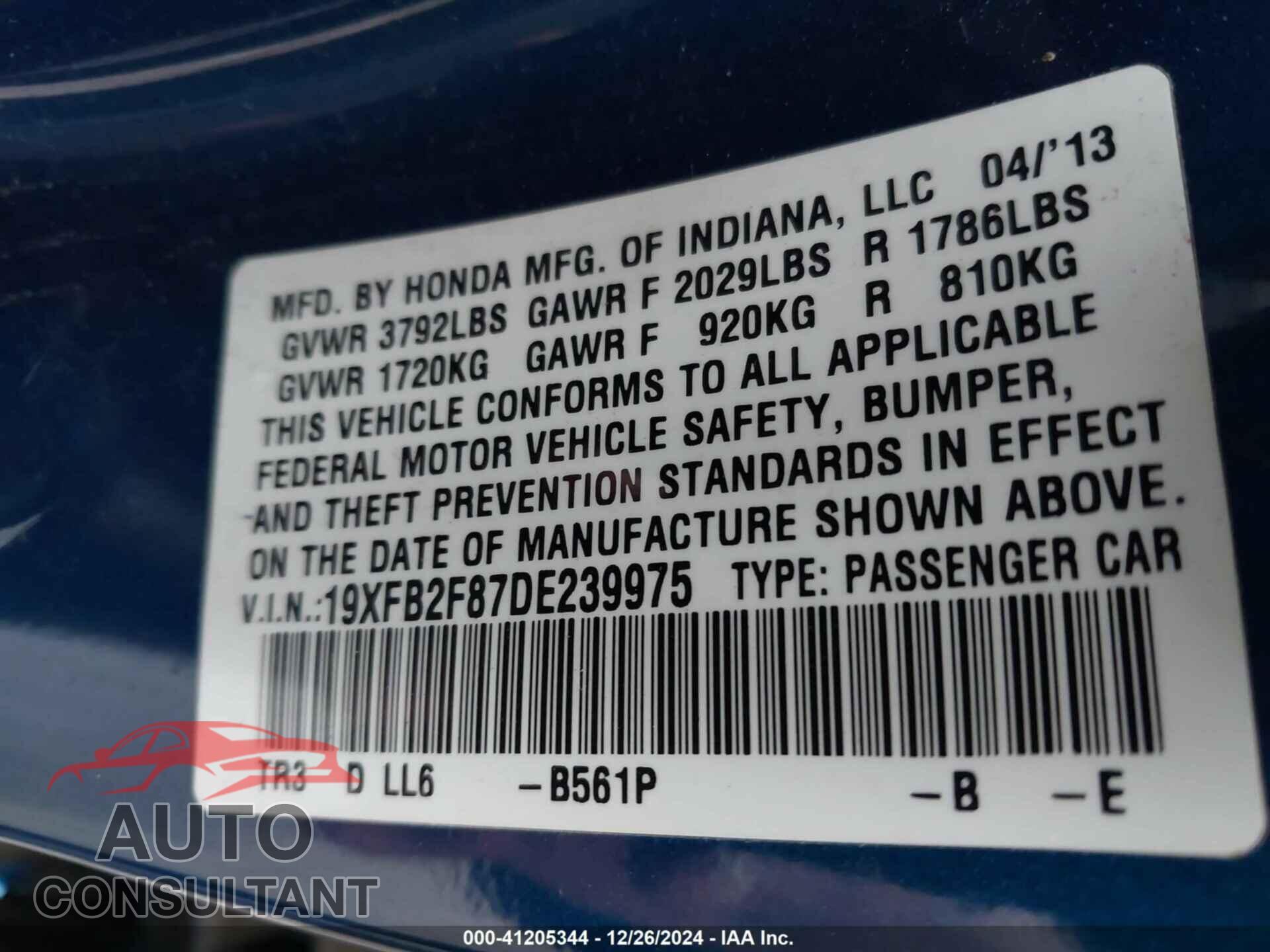 HONDA CIVIC 2013 - 19XFB2F87DE239975