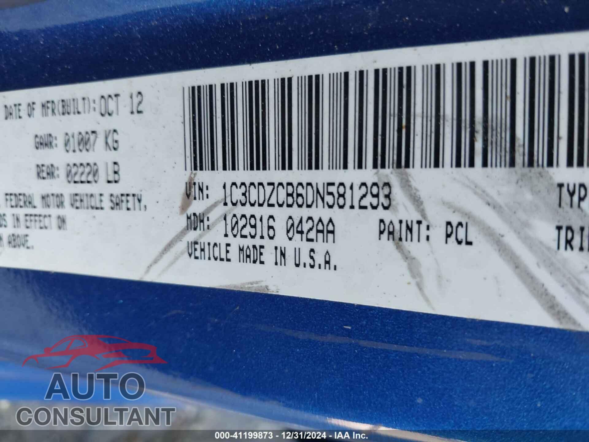DODGE AVENGER 2013 - 1C3CDZCB6DN581293