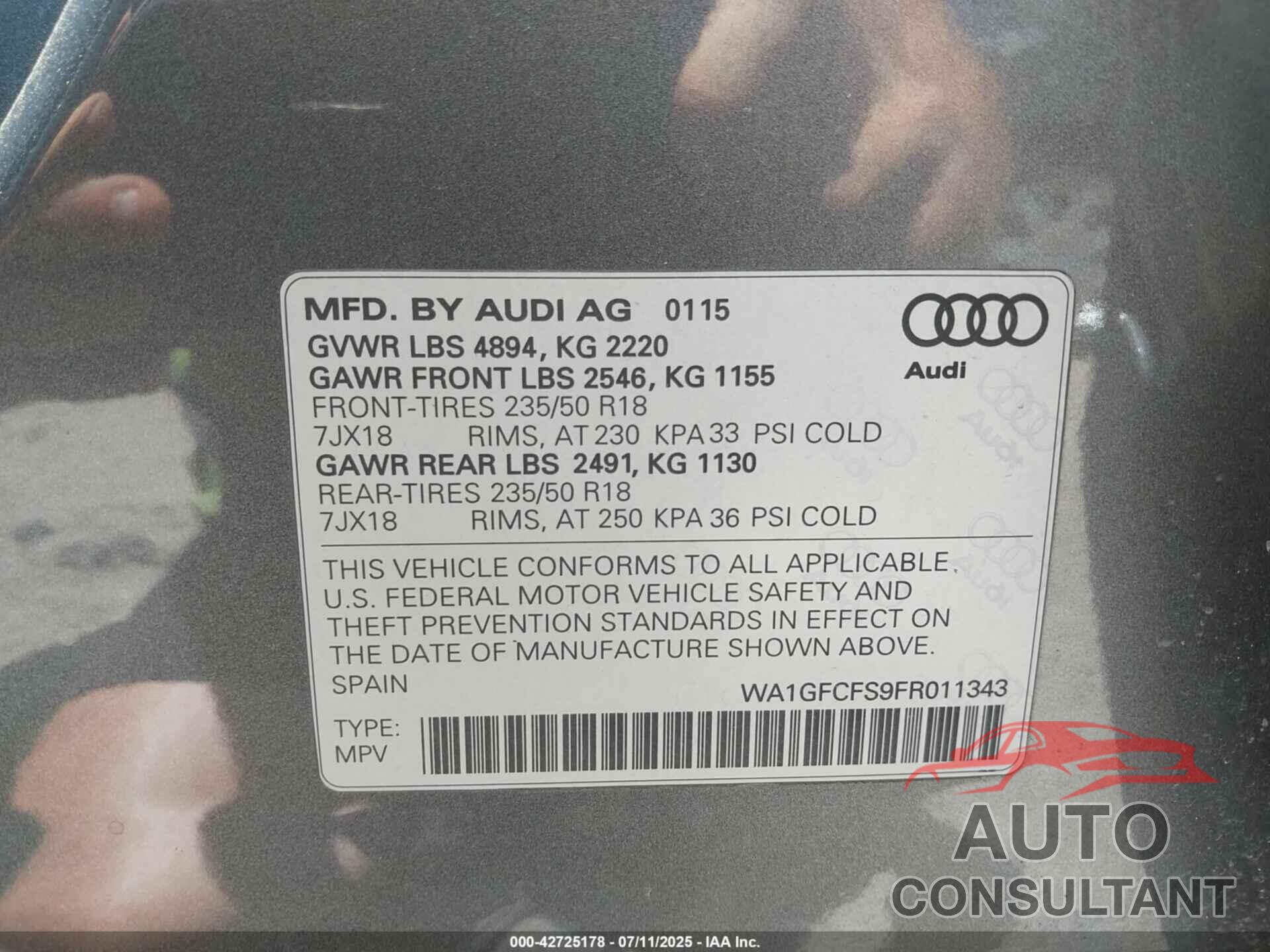 AUDI Q3 2015 - WA1GFCFS9FR011343