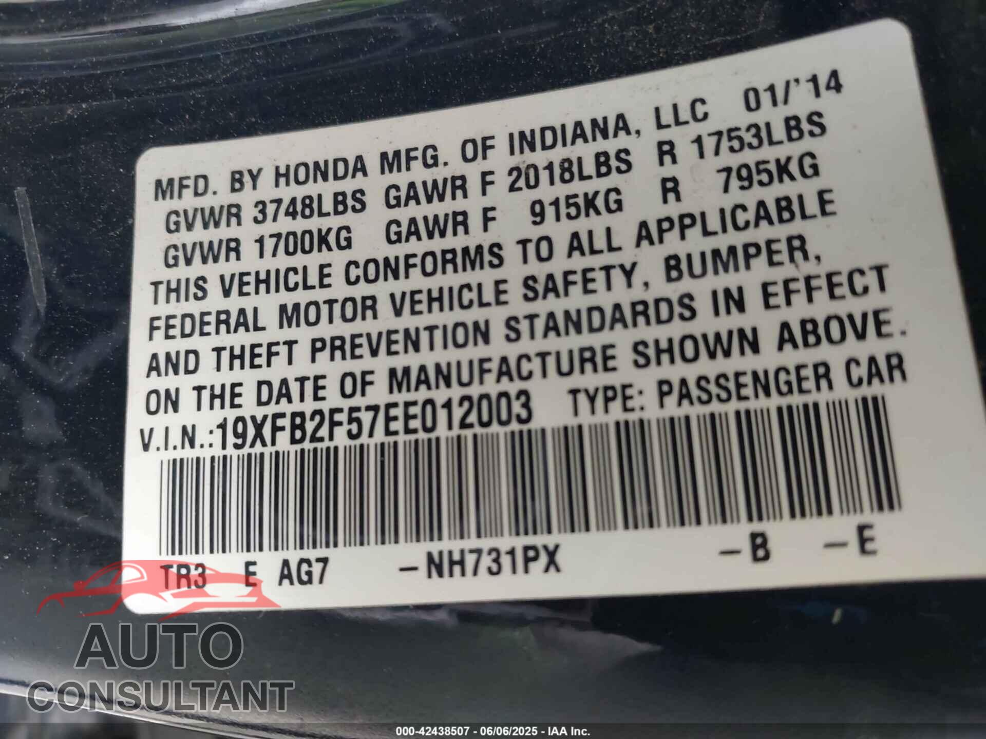 HONDA CIVIC 2014 - 19XFB2F57EE012003