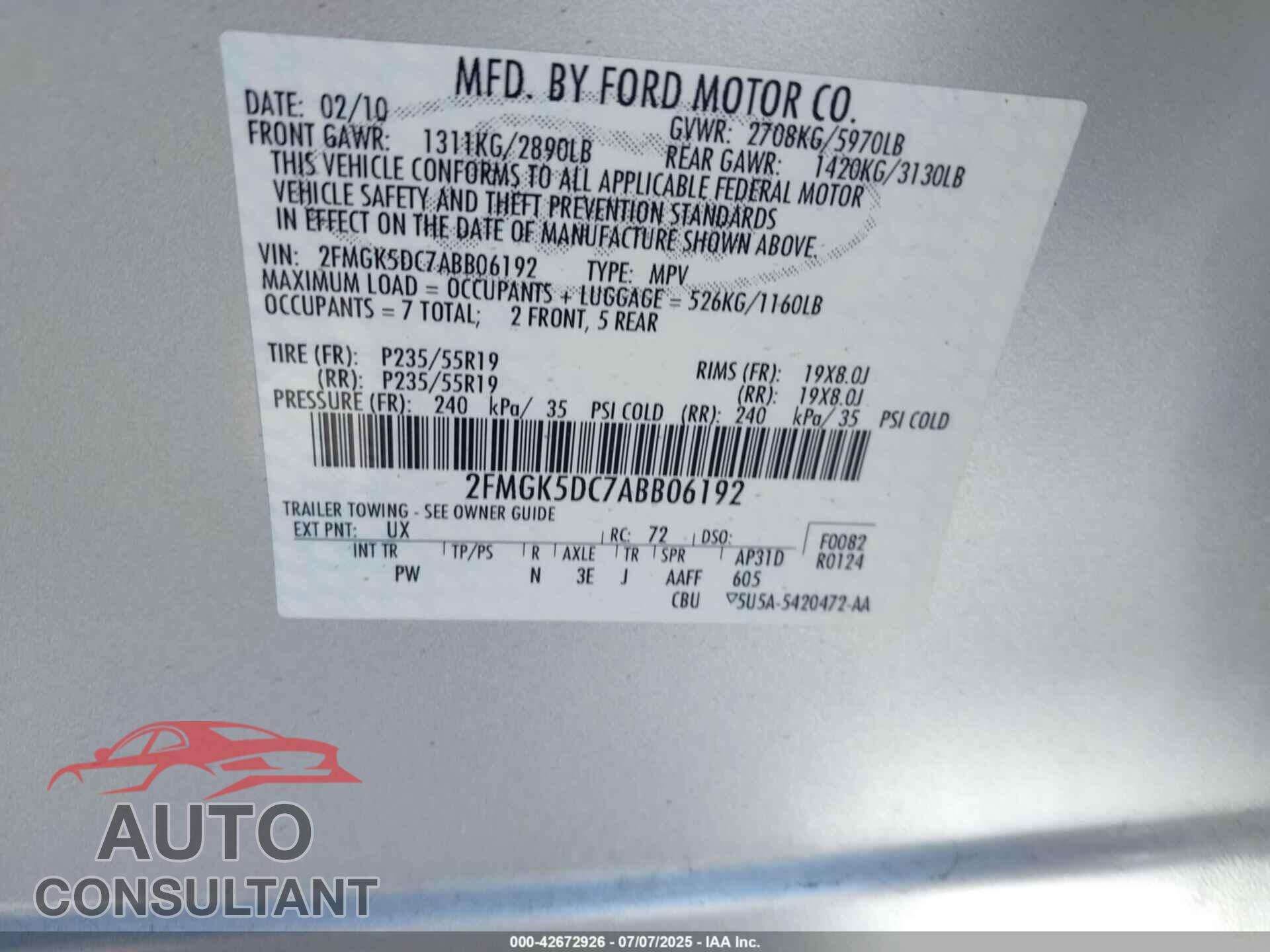 FORD FLEX 2010 - 2FMGK5DC7ABB06192