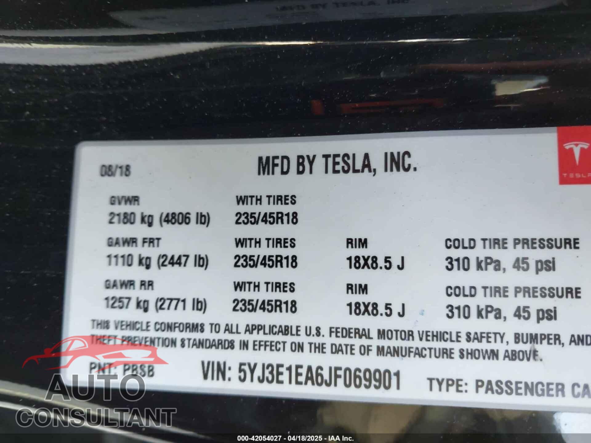 TESLA MODEL 3 2018 - 5YJ3E1EA6JF069901
