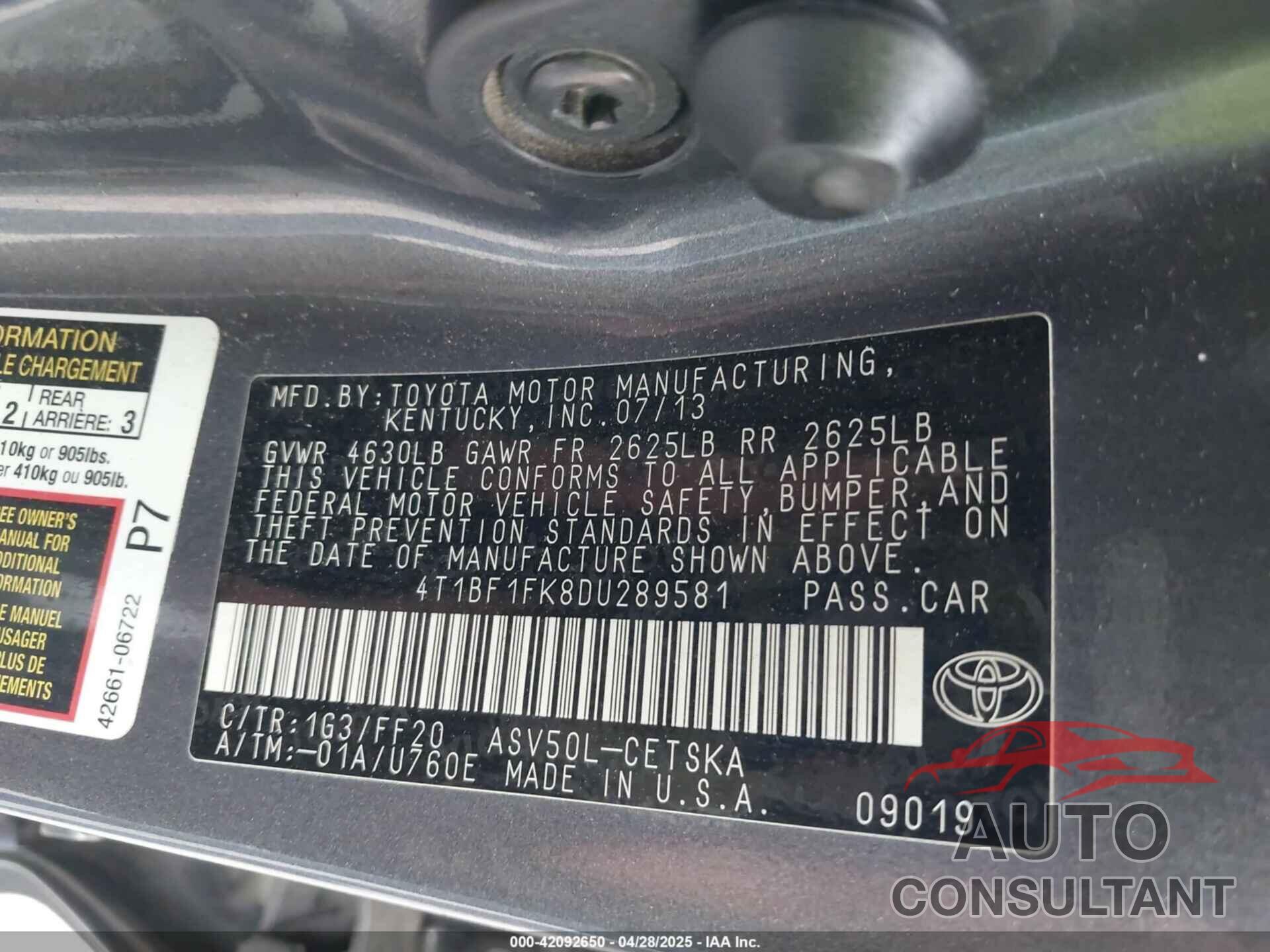 TOYOTA CAMRY 2013 - 4T1BF1FK8DU289581