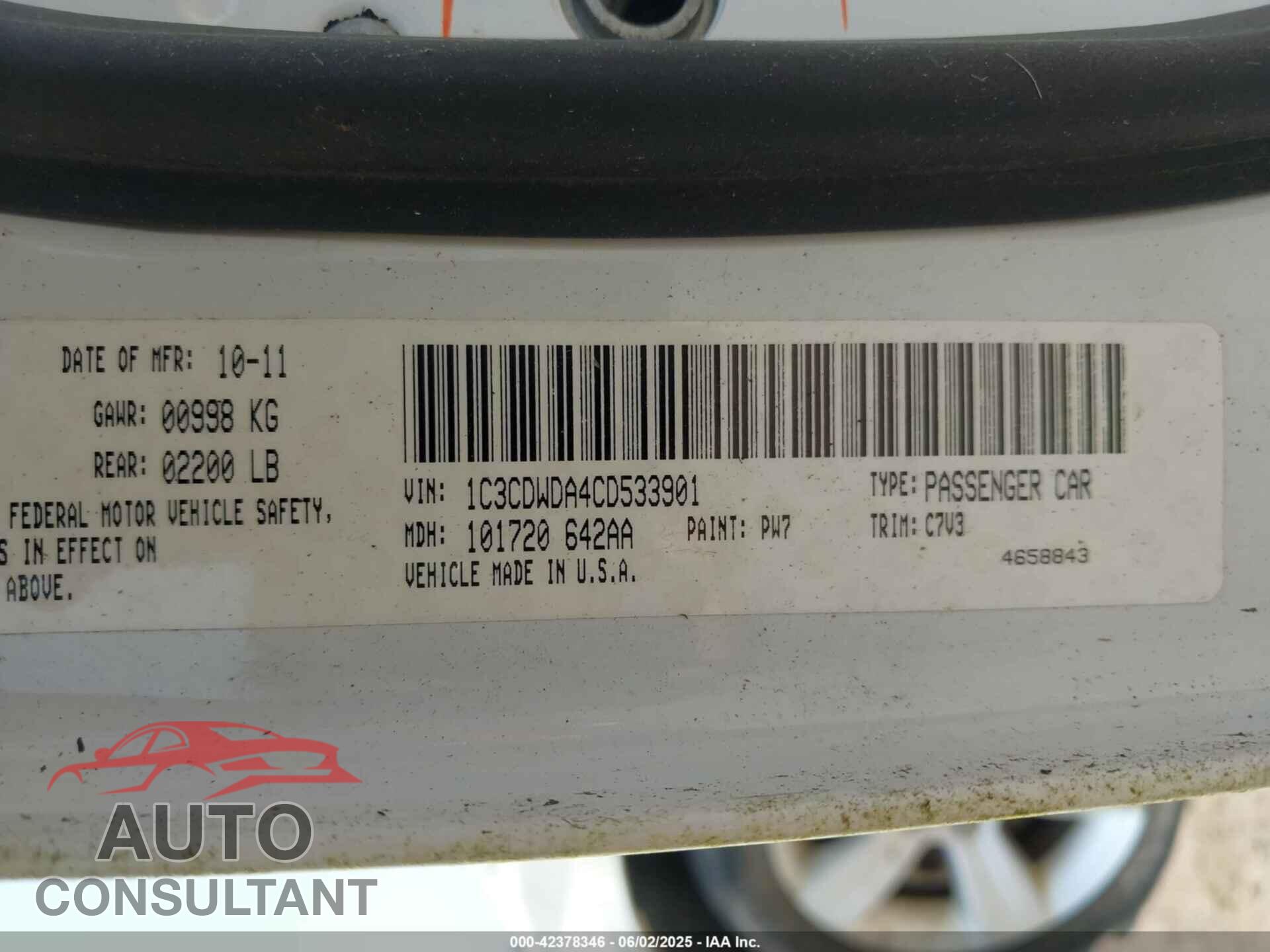 DODGE CALIBER 2012 - 1C3CDWDA4CD533901