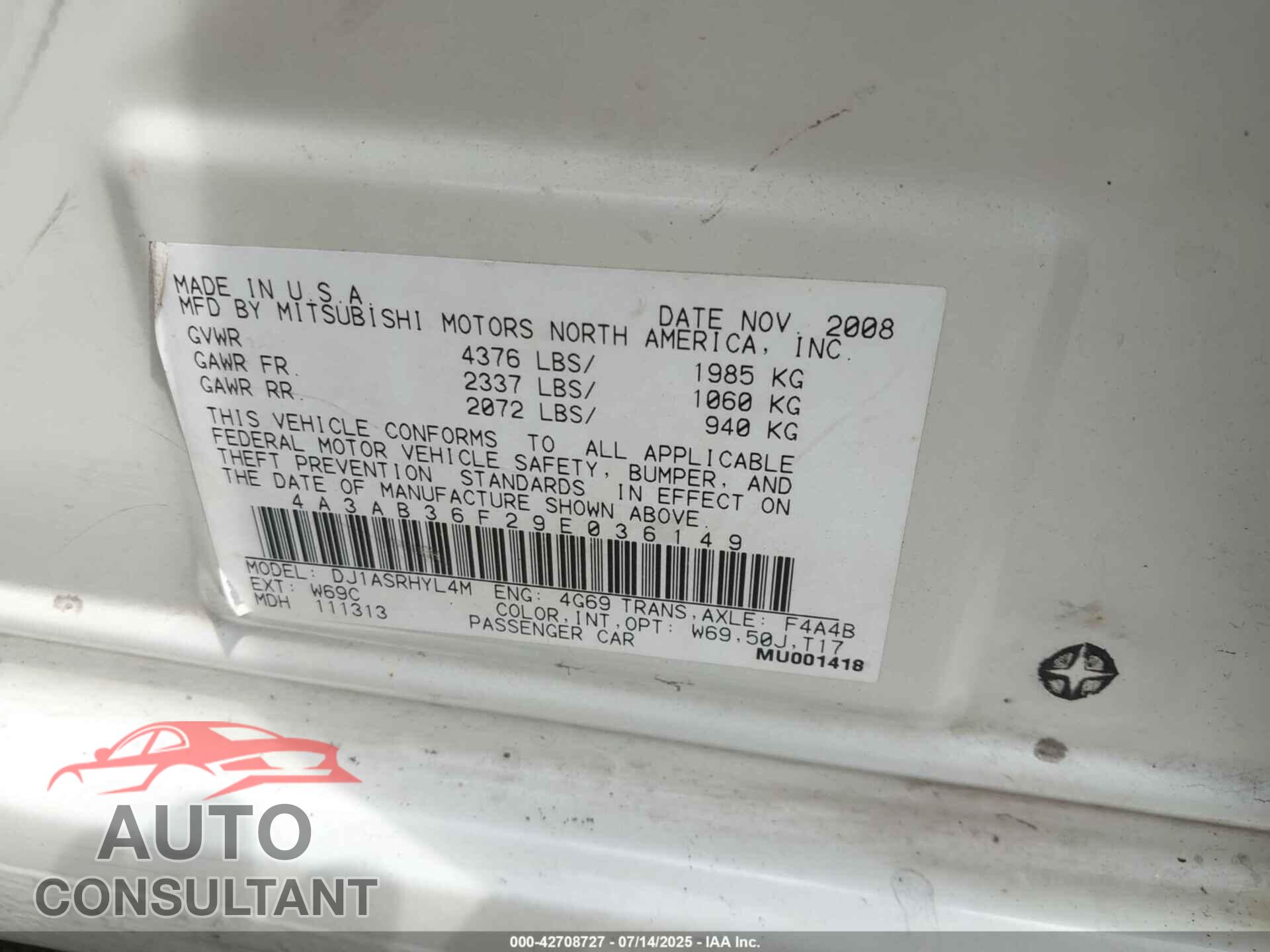 MITSUBISHI GALANT 2009 - 4A3AB36F29E036149