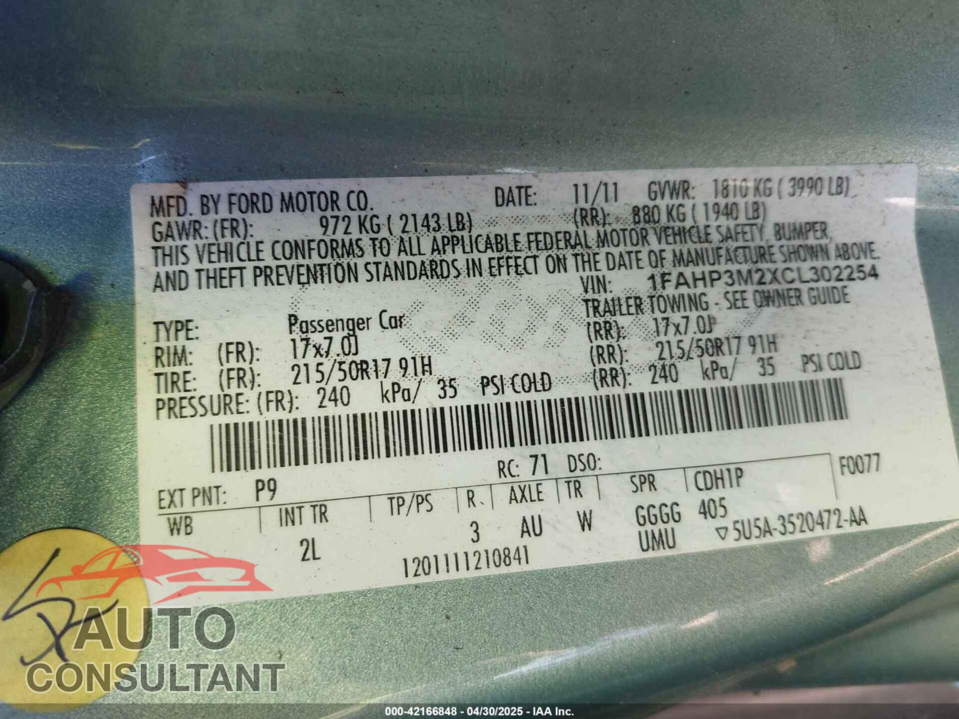 FORD FOCUS 2012 - 1FAHP3M2XCL302254