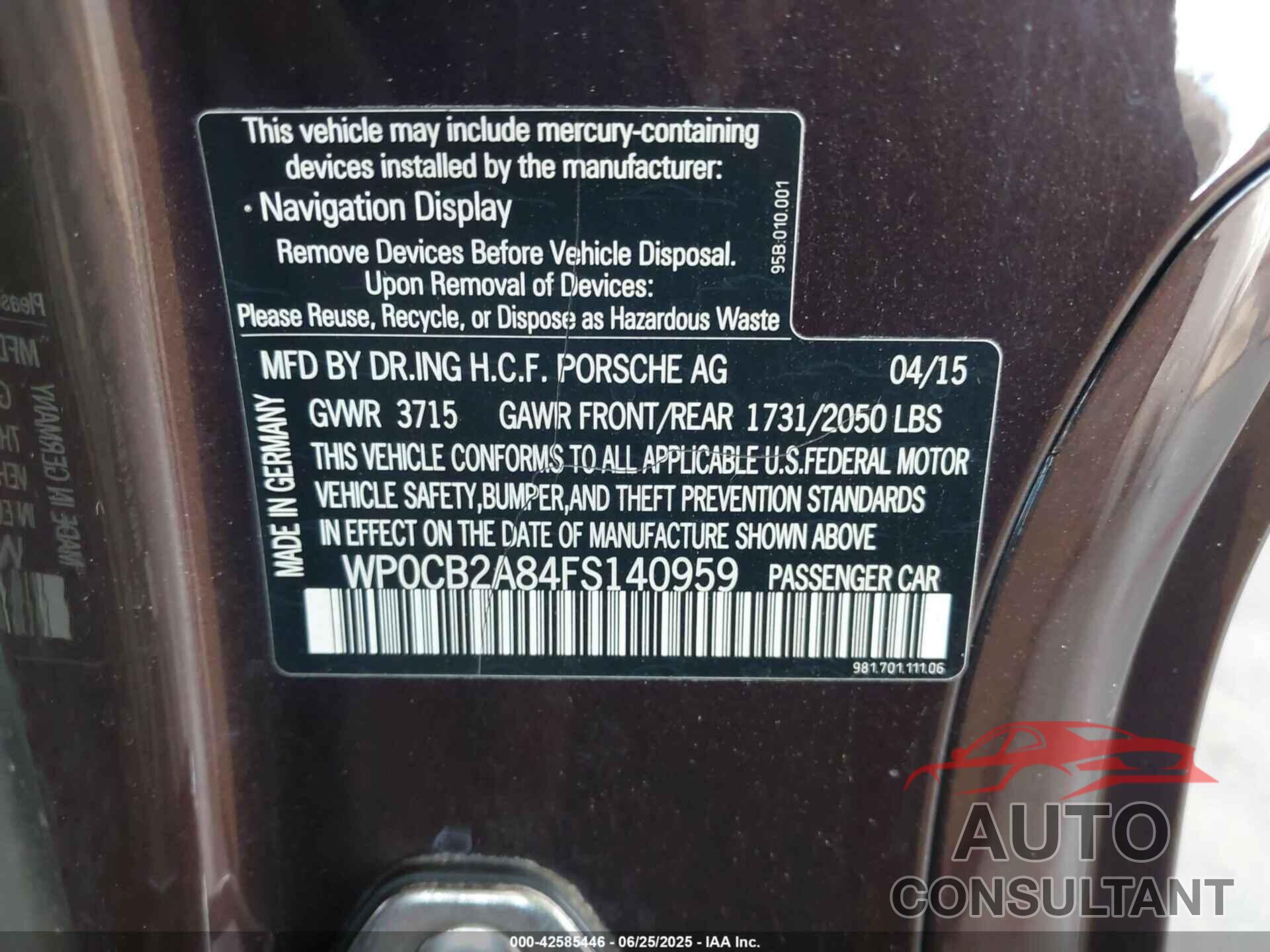 PORSCHE BOXSTER 2015 - WP0CB2A84FS140959