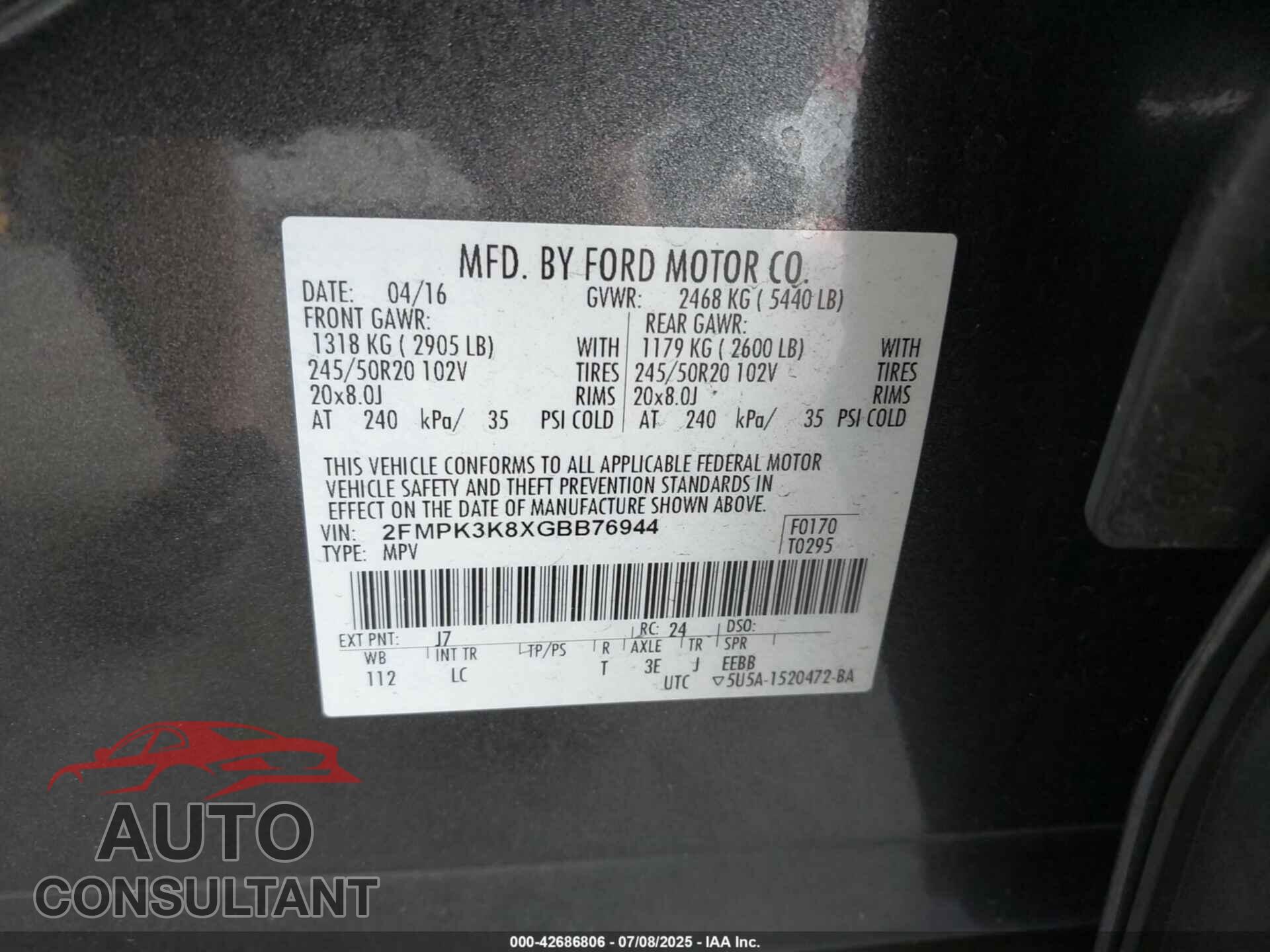 FORD EDGE 2016 - 2FMPK3K8XGBB76944