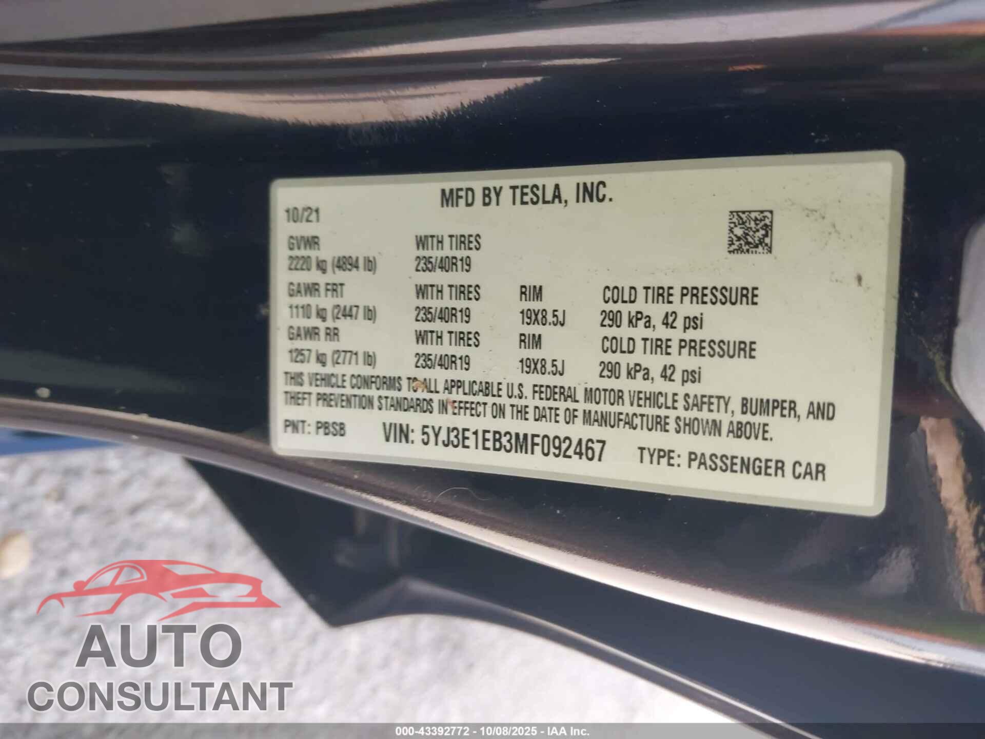 TESLA MODEL 3 2021 - 5YJ3E1EB3MF092467